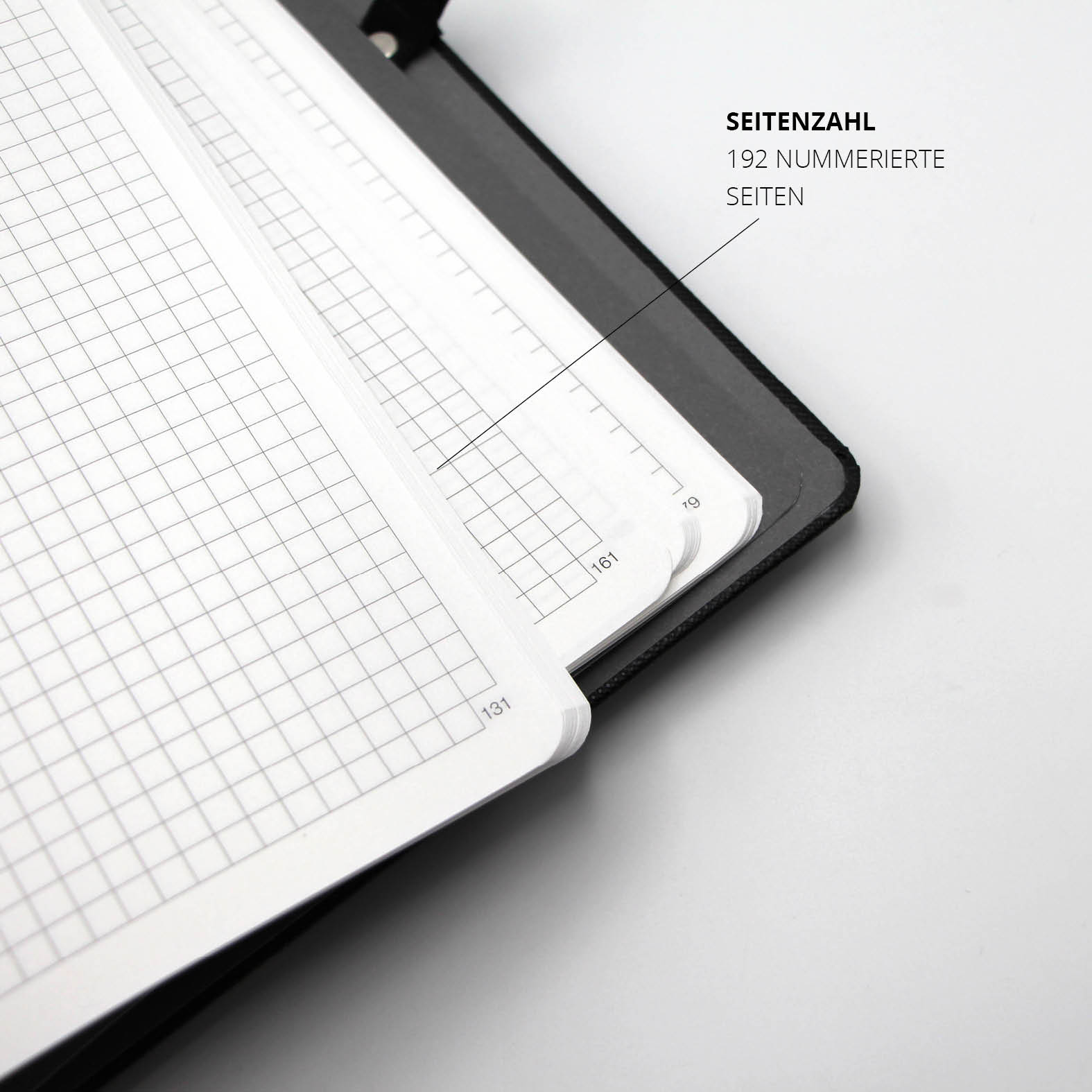 Innenseiten des Lanybook Notizbuchs mit kariertem Papier und 192 nummerierten Seiten für strukturierte Notizen
