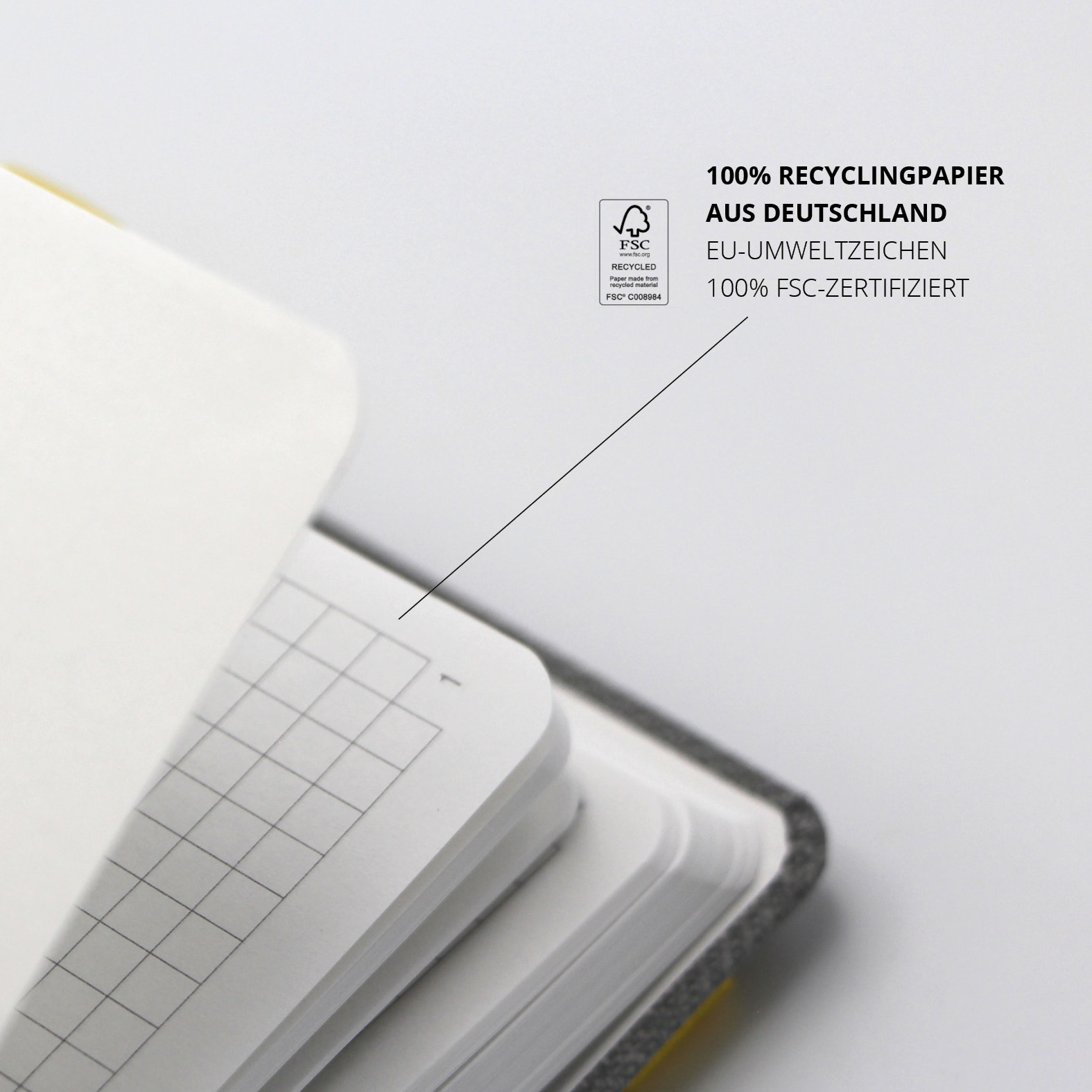 Nahaufnahme der karierten Seiten mit FSC- und EU-Umweltzeichen, hergestellt aus 100 % Recyclingpapier in Deutschland.