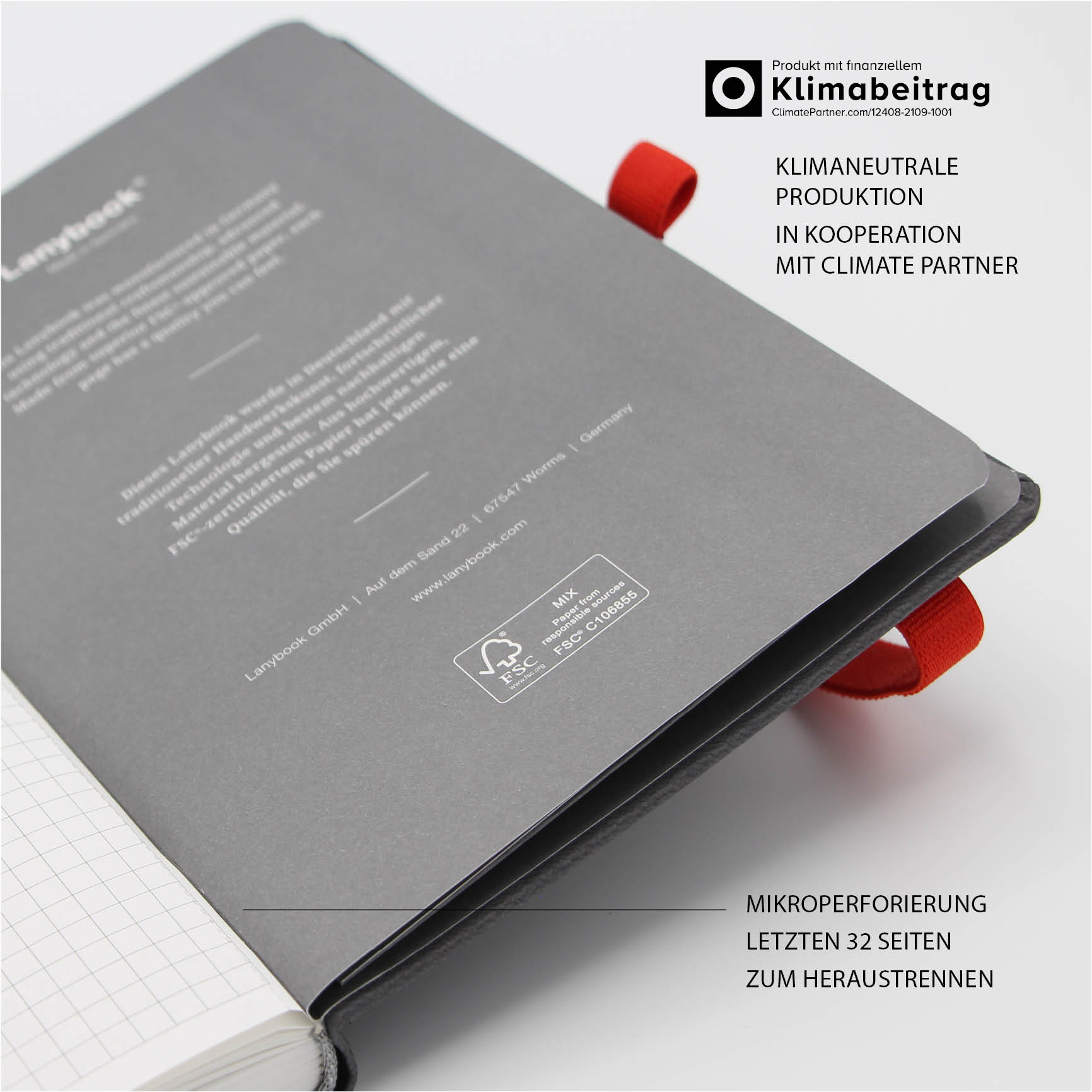Klimaneutrale Produktion Notizbuch – Nachhaltiges Notizbuch mit FSC-Zertifikat, klimaneutral produziert in Kooperation mit Climate Partner.