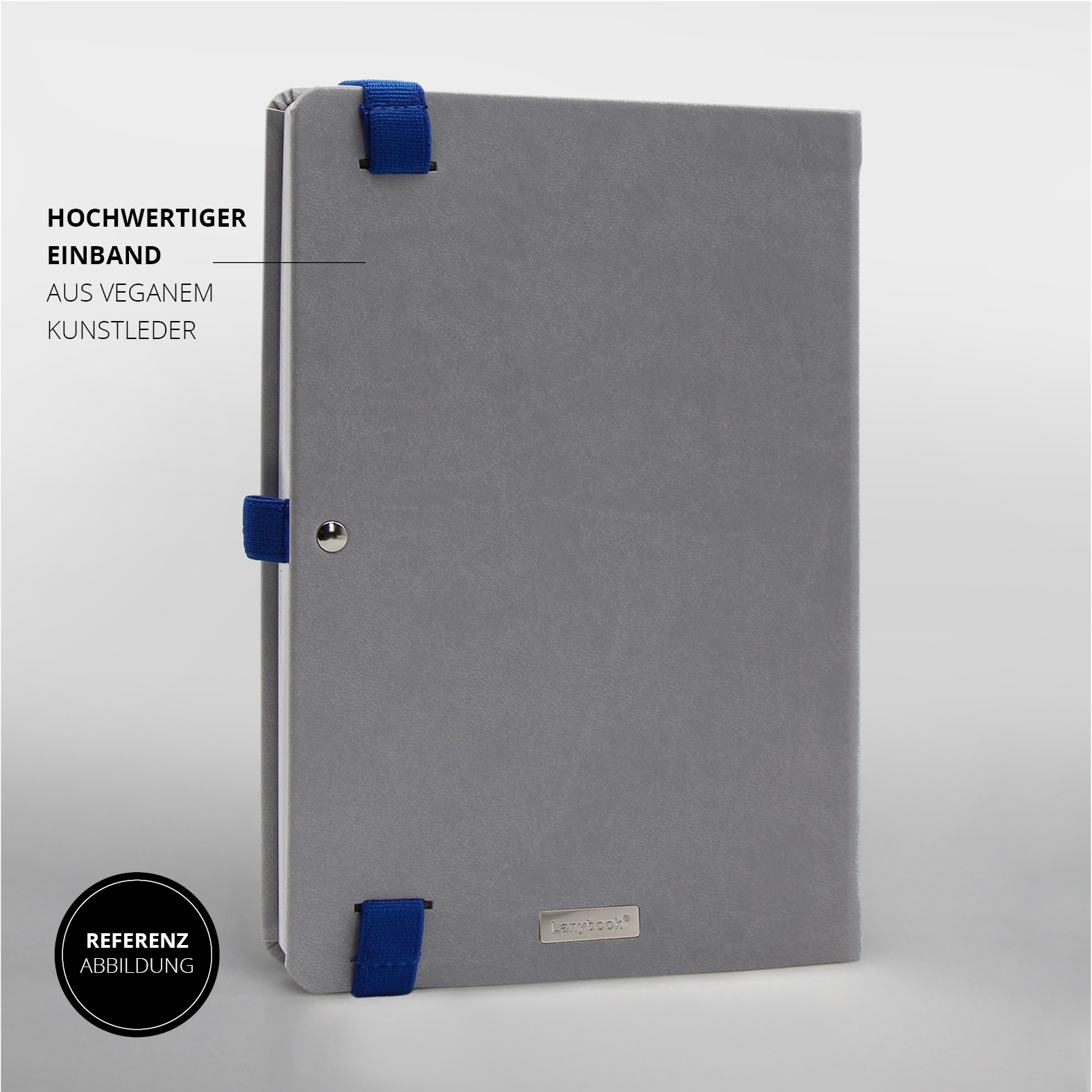 Rückansicht des Lanybook® Pro in Hellgrau mit blauer Stiftschlaufe und veganem Kunstleder-Einband – Referenzabbildung für Schmitz Cargobull.