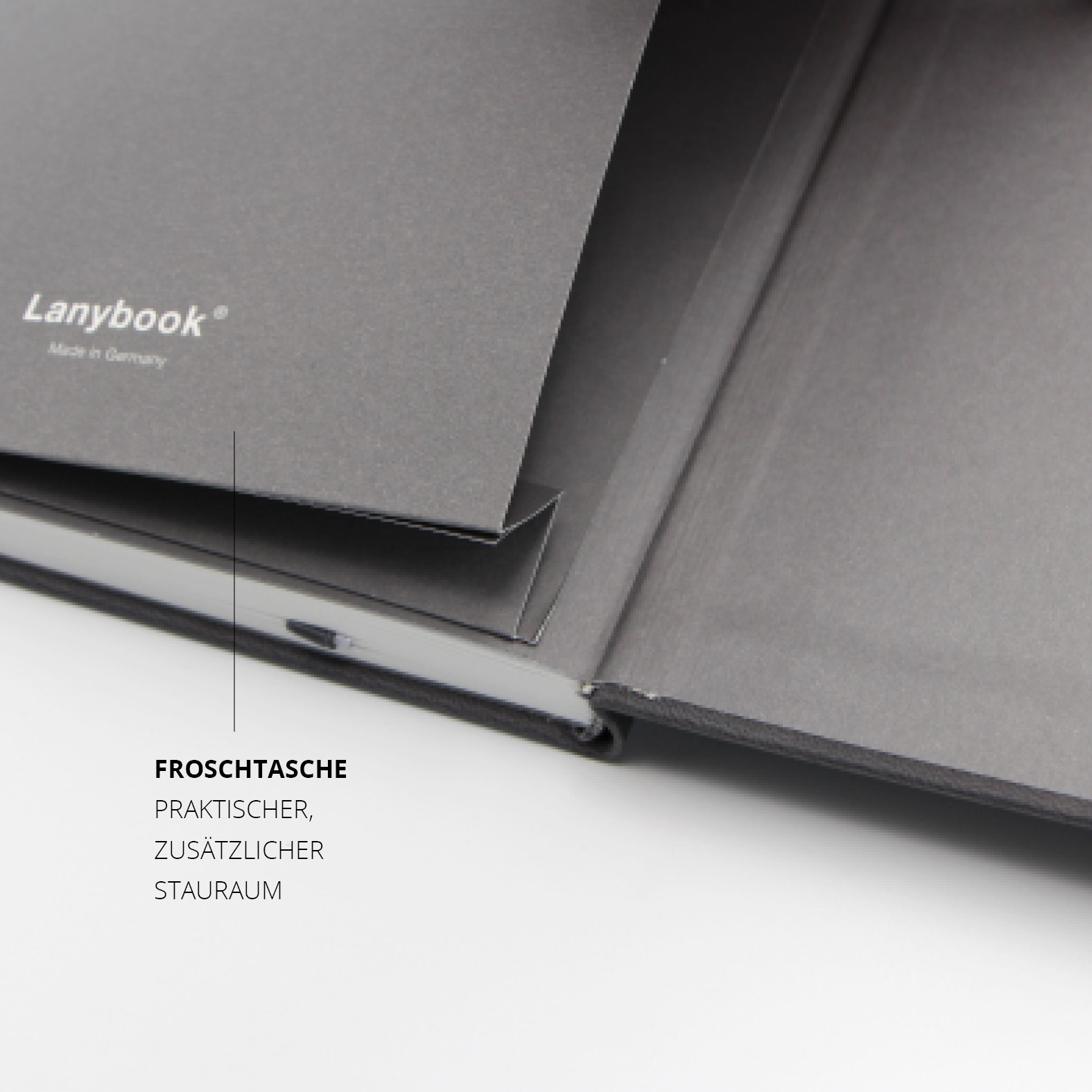 Blick in die praktische Froschtasche im hinteren Buchdeckel des Lanybook®, ideal für lose Notizen und Beilagen