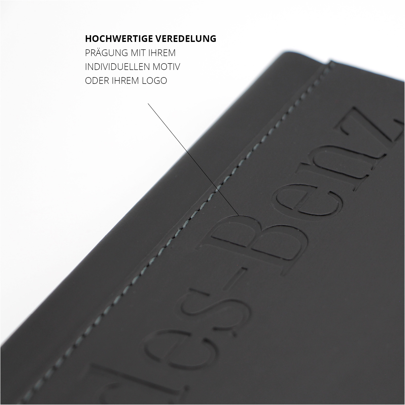 Notizbuch mit Mercedes-Benz Prägung und exakter Naht. Individuell bedruckbar mit Logo oder Motiv für eine exklusive Optik.