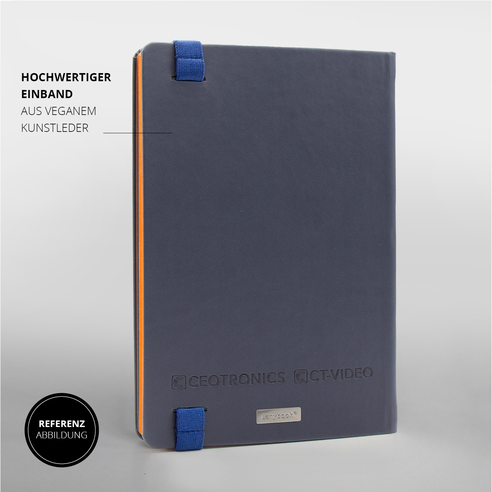 Ceotronics Notizbuch mit festem veganem Einband, Lanybook® Branding und praktischem Pen Loop für Stifte.
