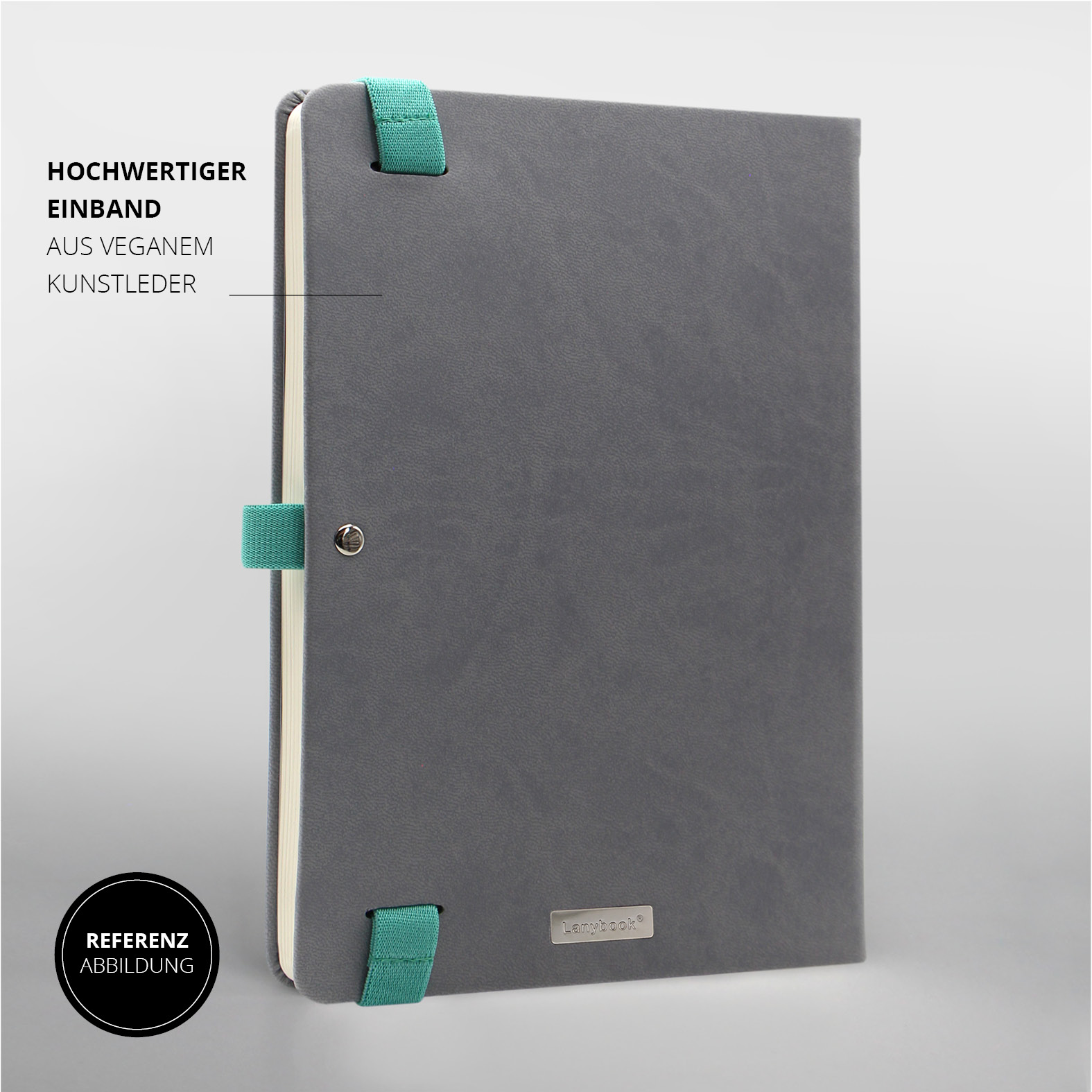 Rückseite des Notizbuchs mit hochwertigem, grauem Kunstledereinband und türkisfarbenem Lanyband.