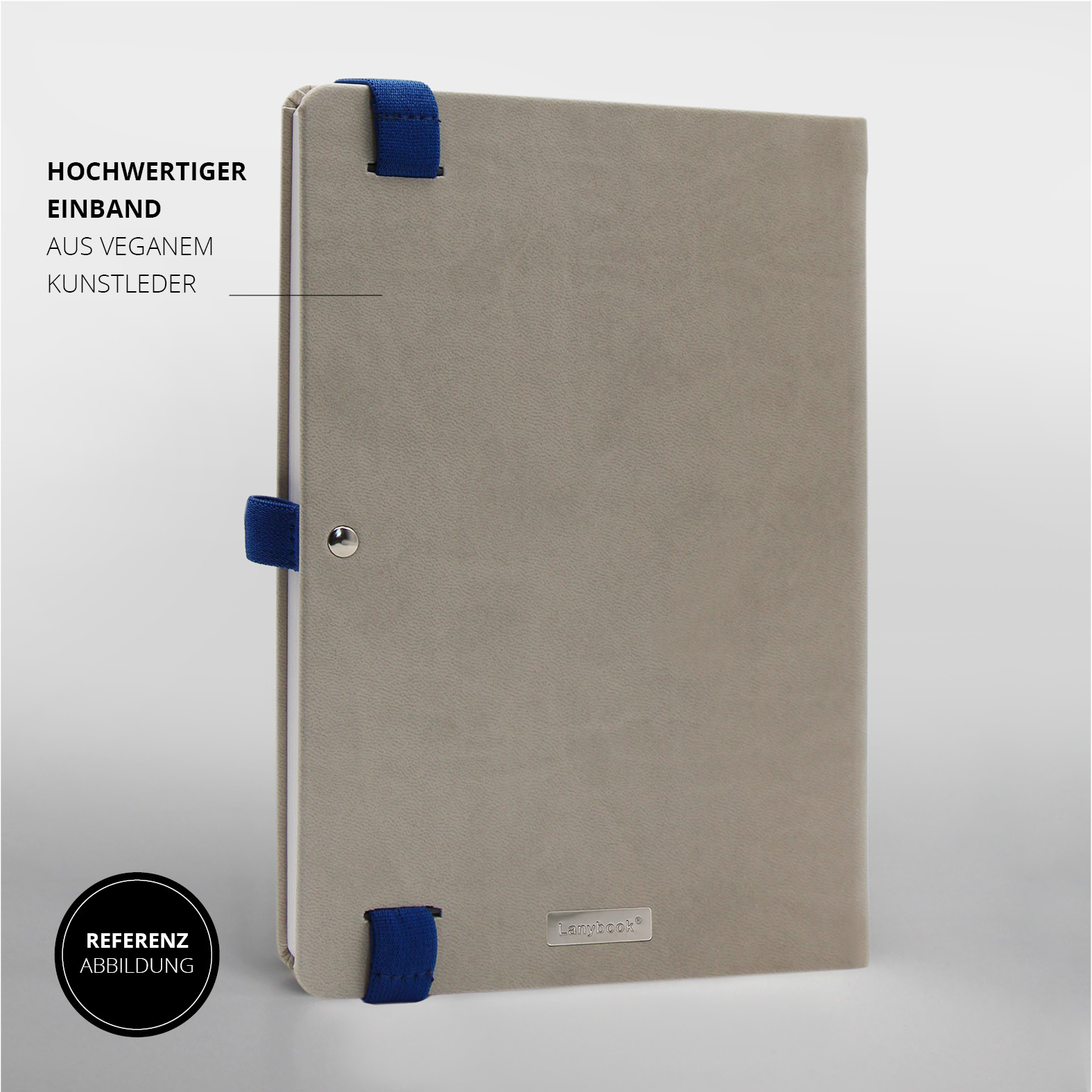 Rückansicht des Lanybook® Pro in Beige mit blauem Lanyband®. Hochwertiger Einband aus veganem Kunstleder, kombiniert mit farblich abgestimmter Stiftschlaufe – Referenzabbildung.