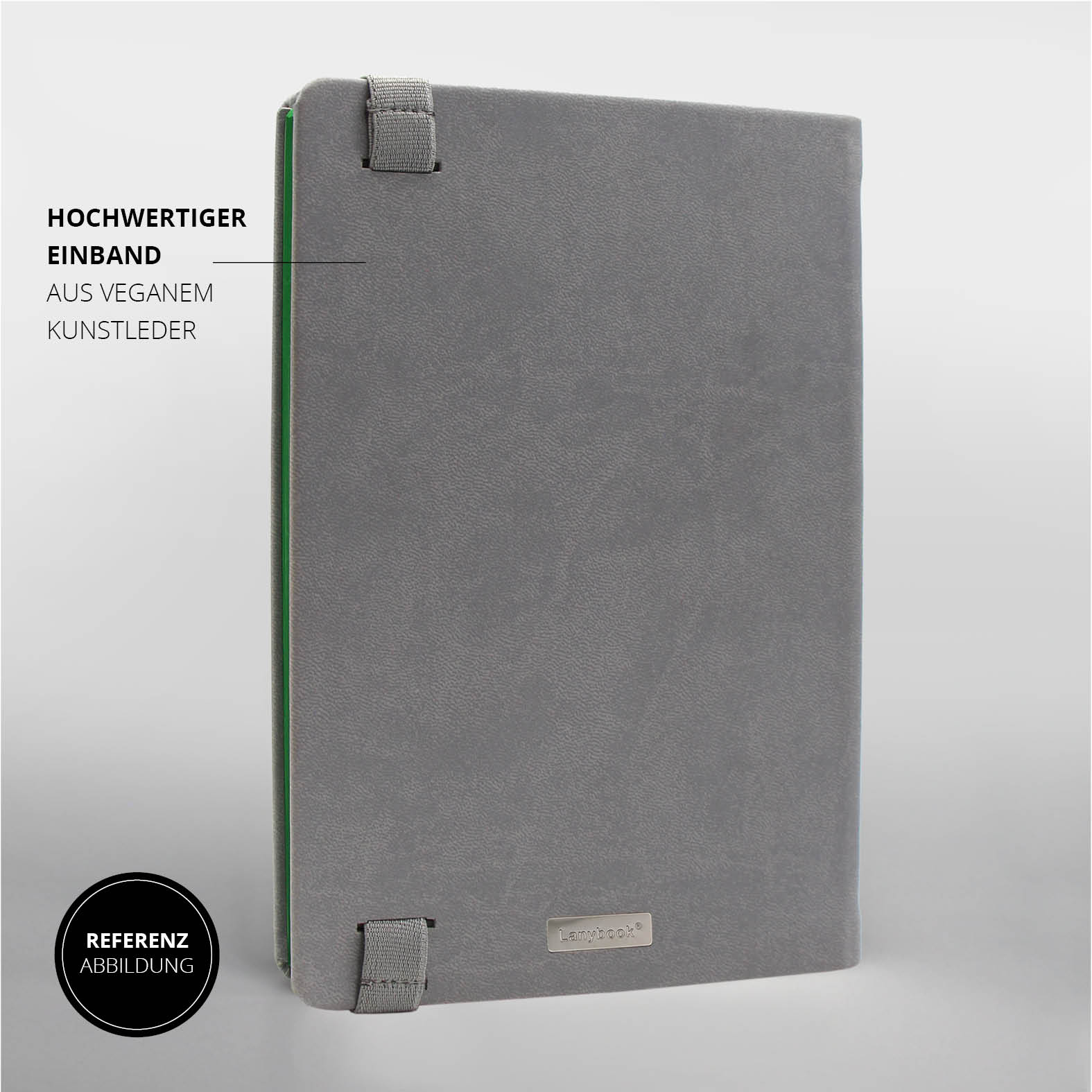 Rückseite des Lanybook® Pro A5 mit hochwertigem grauem Einband aus veganem Kunstleder und sauber verarbeiteten Details