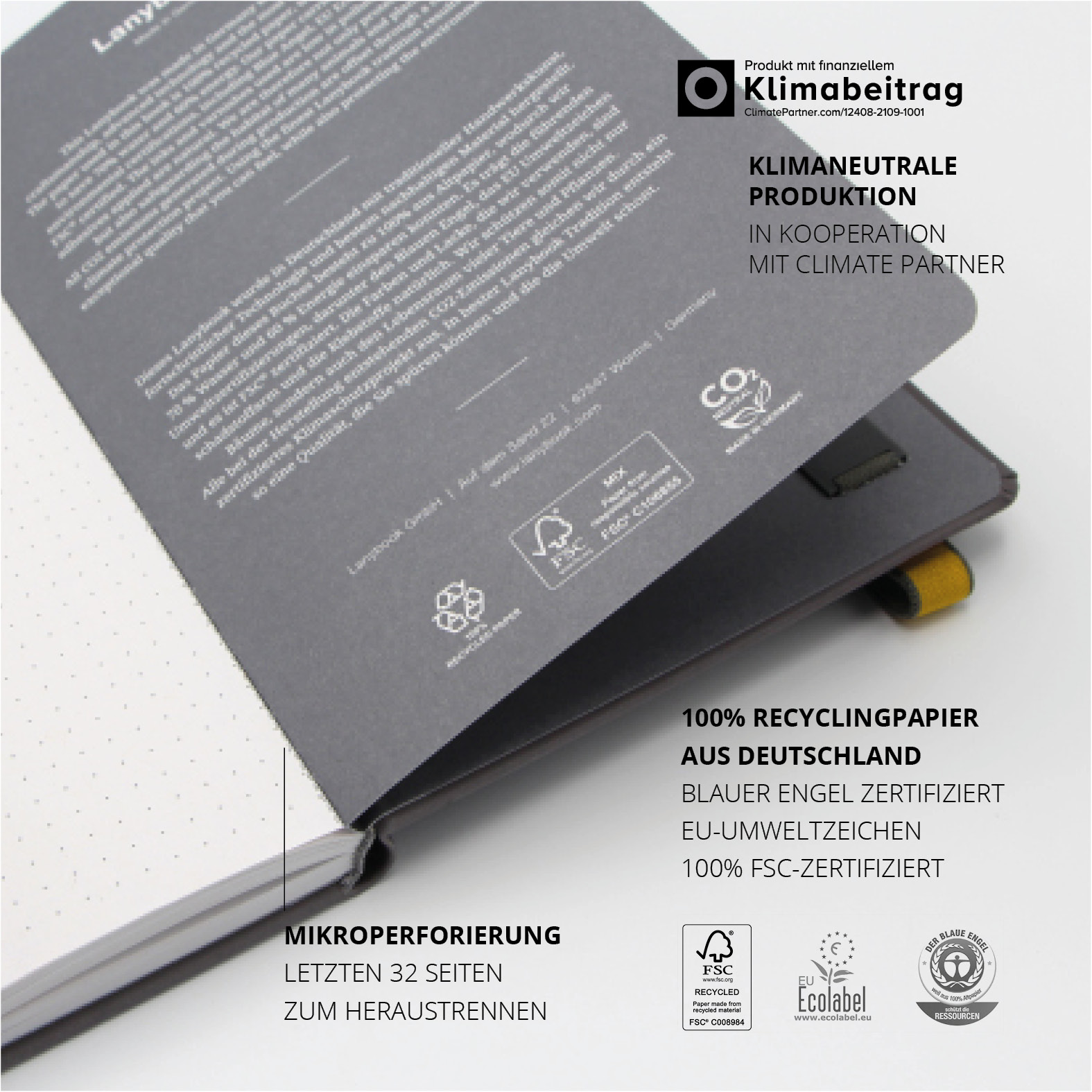 Nachhaltiges Innenpapier mit Recyclingvermerk, FSC- und Blauer-Engel-Zertifizierung sowie Mikroperforation.