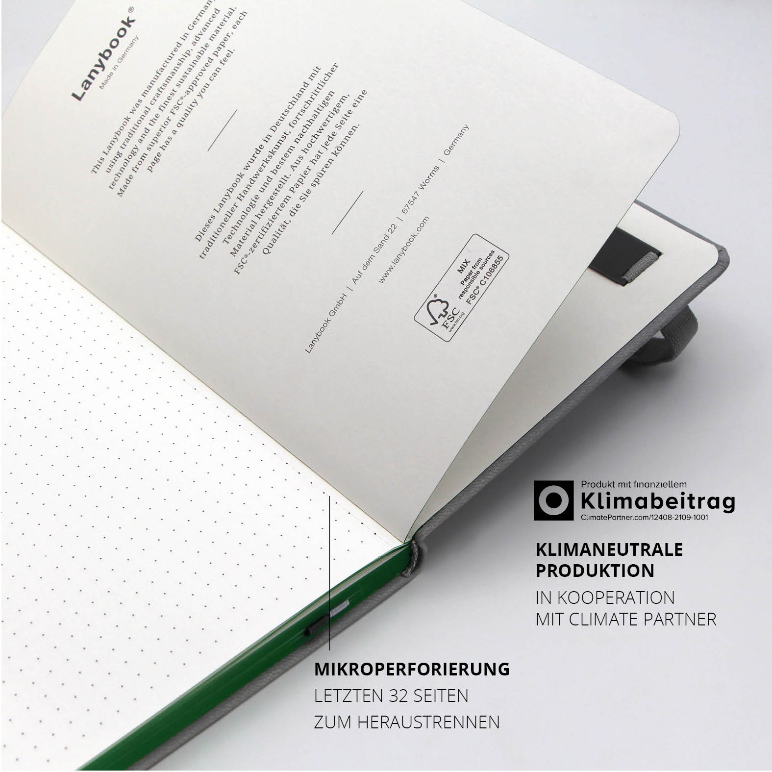 Punktierte Innenseiten aus 100 % Recyclingpapier mit FSC-Zertifizierung