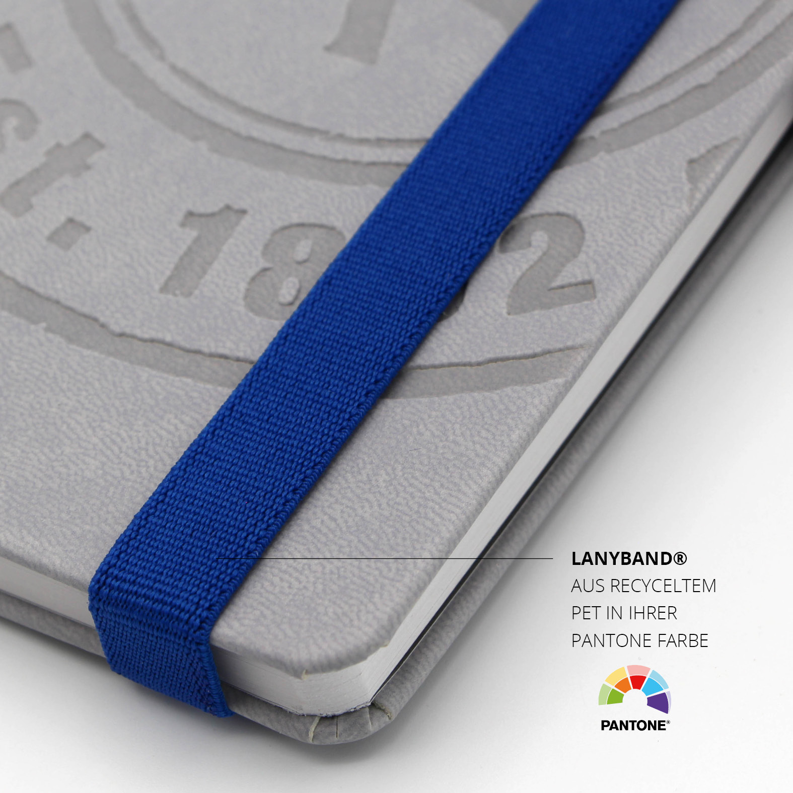 Nahaufnahme des blauen Lanyband®, gefertigt aus recyceltem PET in Pantone-Farbe, kombiniert mit hellgrauem Einband und geprägtem Logo.