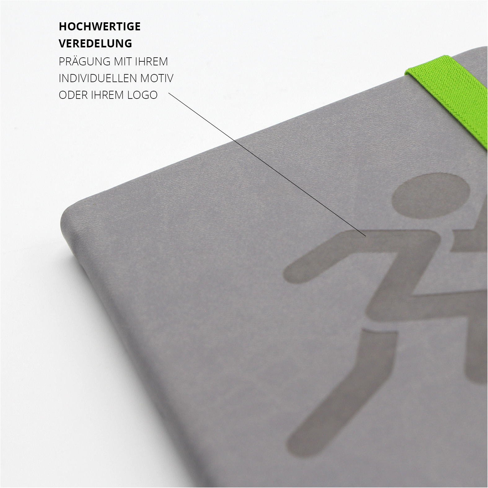 Coveransicht mit hochwertiger Prägung eines Laufmotivs, passend zum Corporate Design des Kunden.