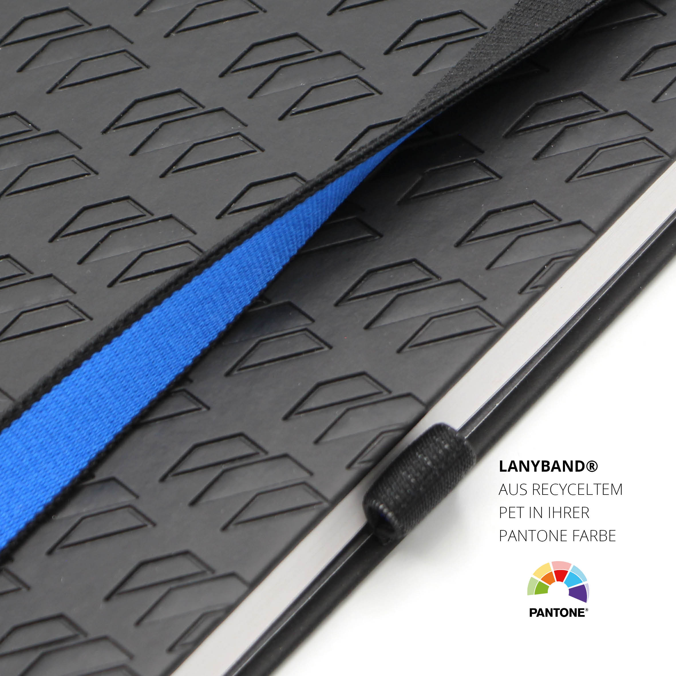 Individuelles Lanybook® Notizbuch mit Lanyband aus recyceltem PET in frei wählbarer Pantone-Farbe