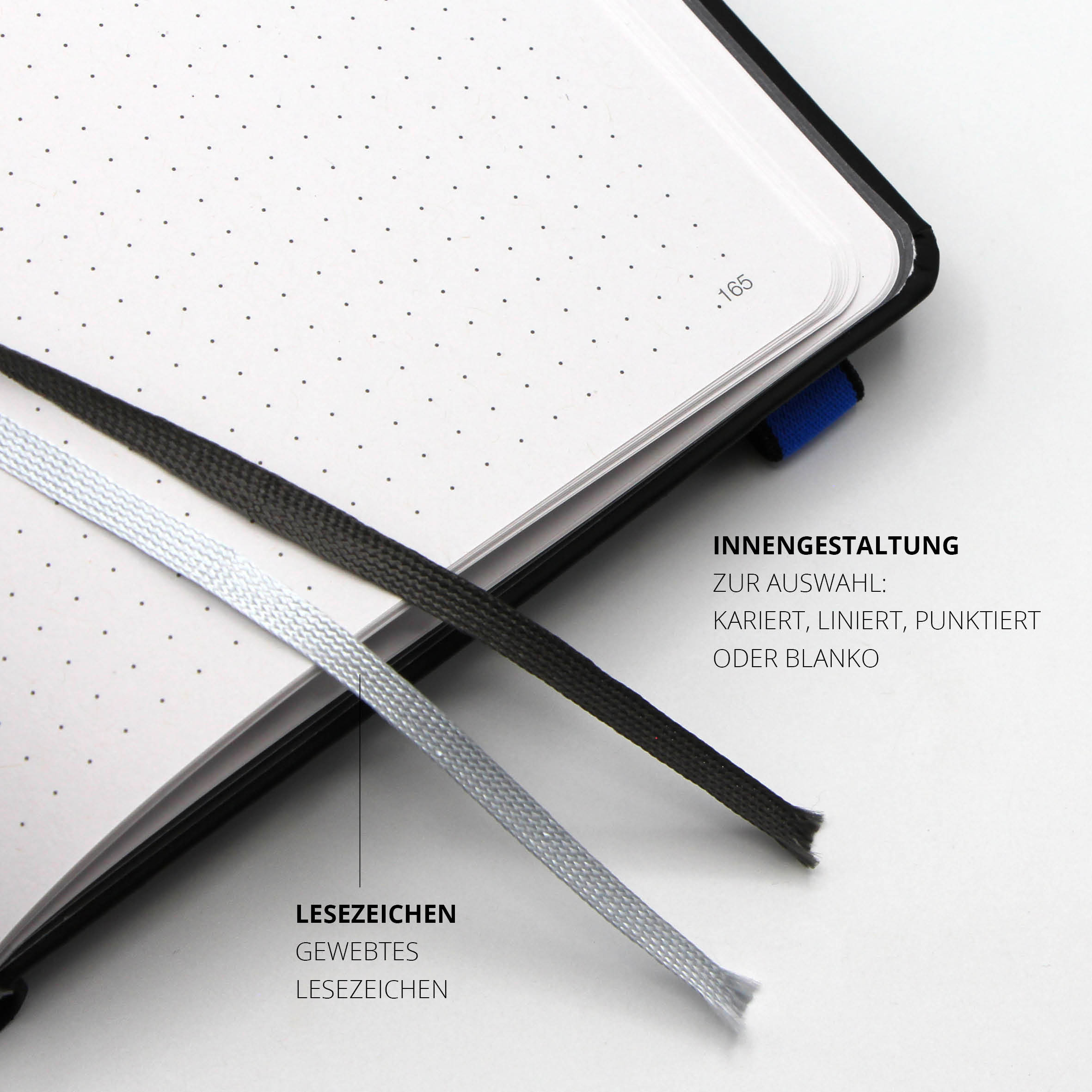 Lanybook® Notizbuch mit zwei gewebten Lesezeichen und individuell wählbarer punktierter Innengestaltung