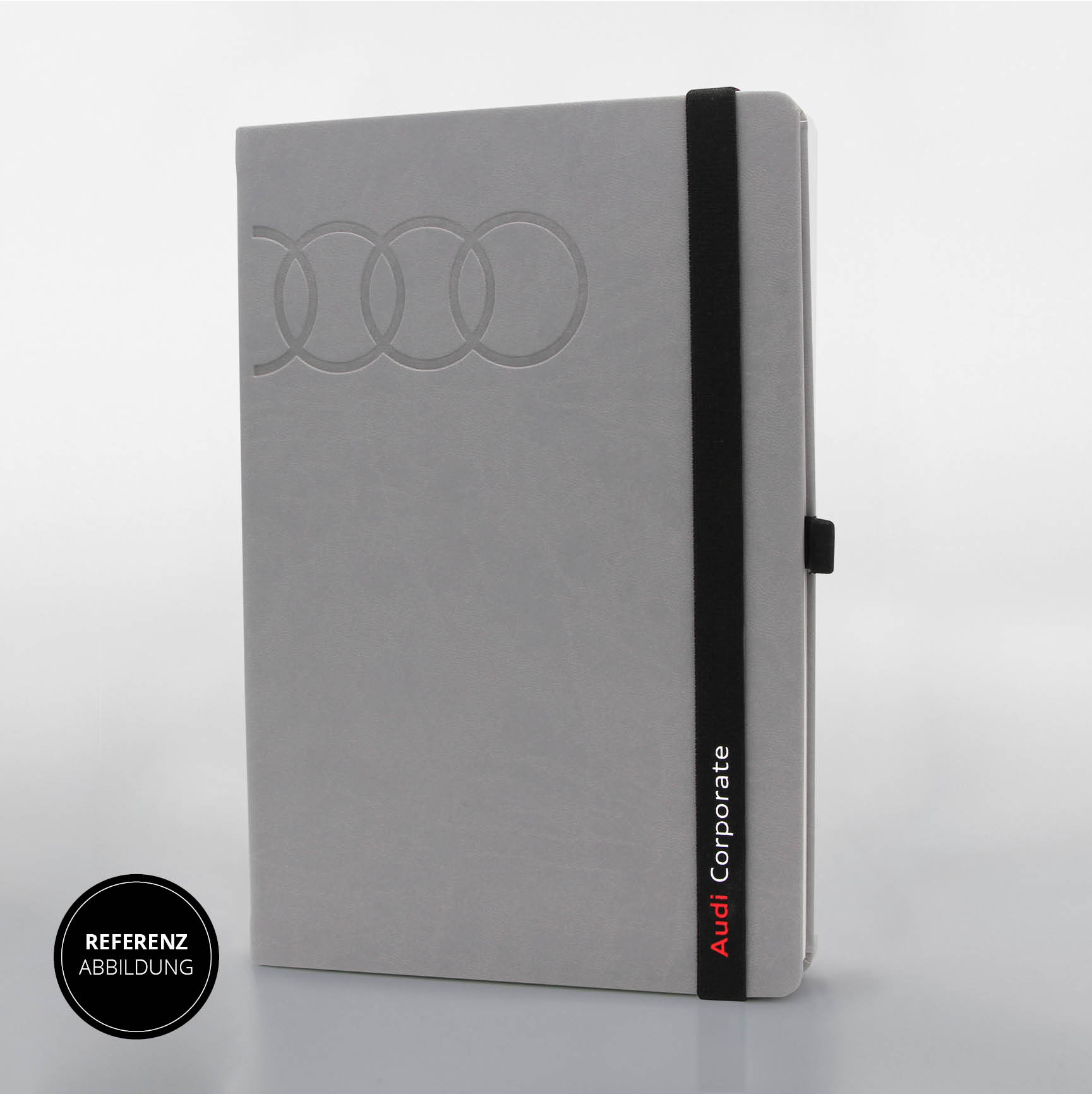 Audi Corporate Notizbuch in Grau mit schwarzem LanyBand®. Exklusive Prägung und hochwertige Verarbeitung für Business.