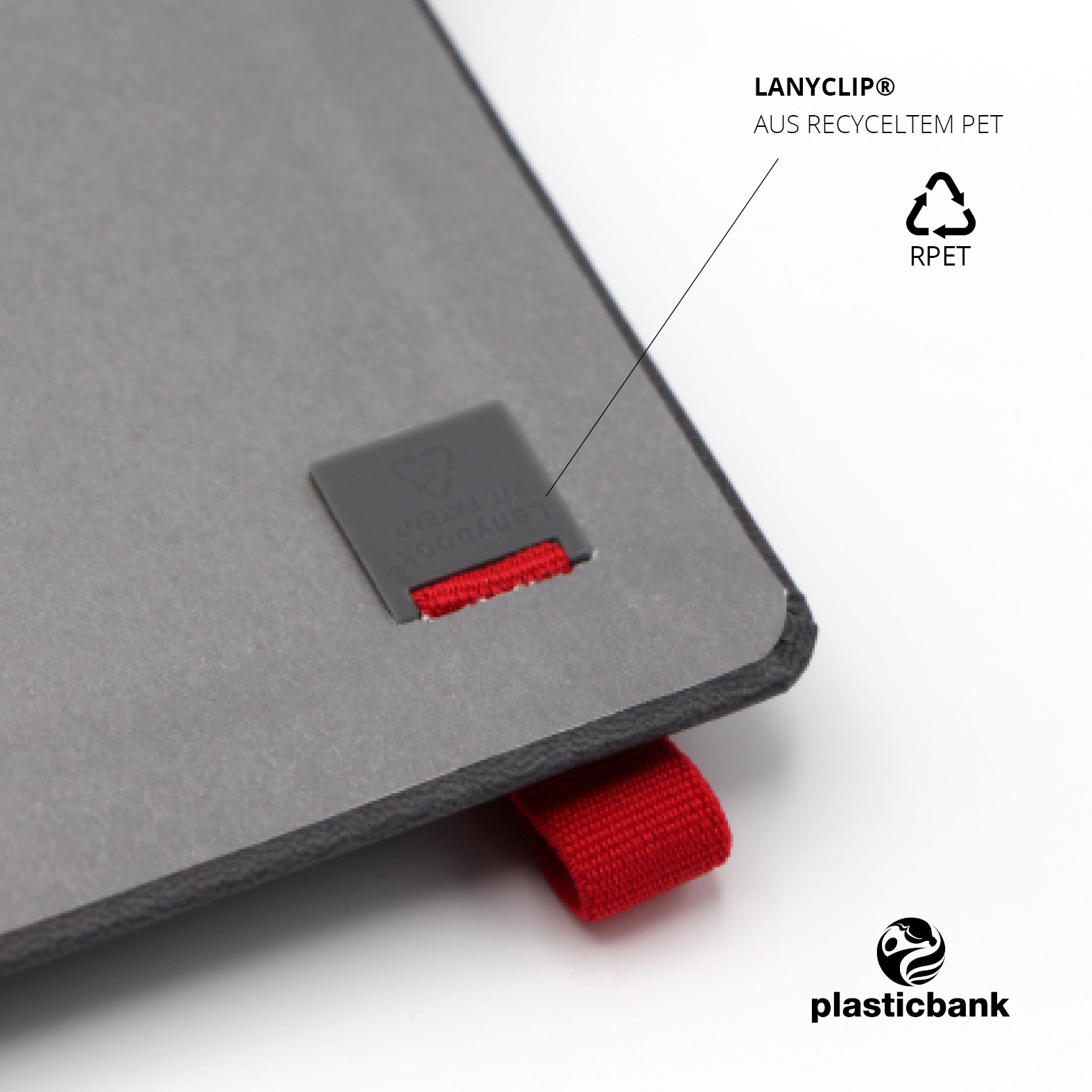 Innenansicht des Buchrückens mit Lanyclip® aus recyceltem PET, an dem das Lanyband befestigt ist