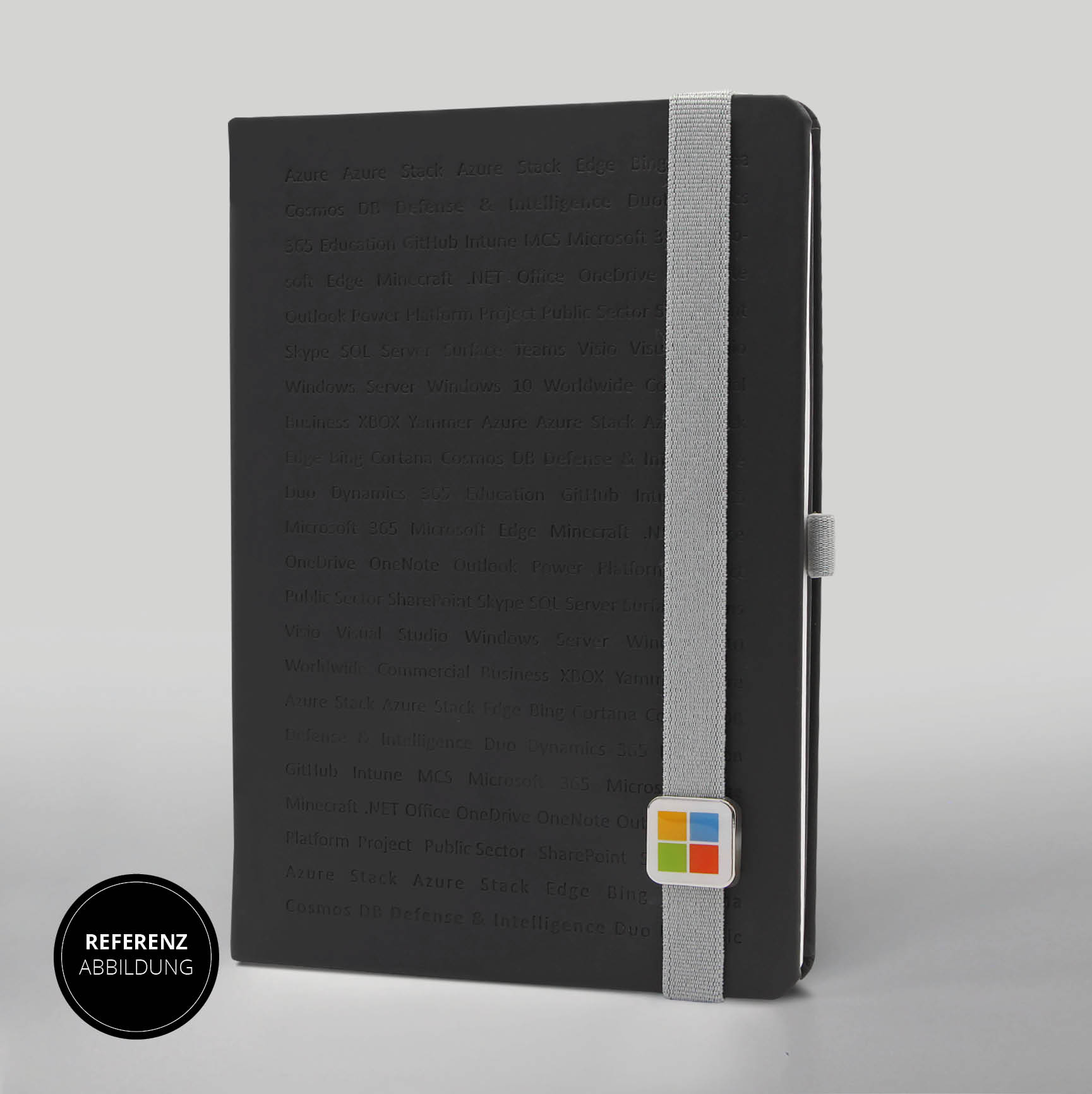 Schwarzes Microsoft Notizbuch von Lanybook mit grauem Verschlussband und Prägung. Hochwertig, individuell gestaltbar.