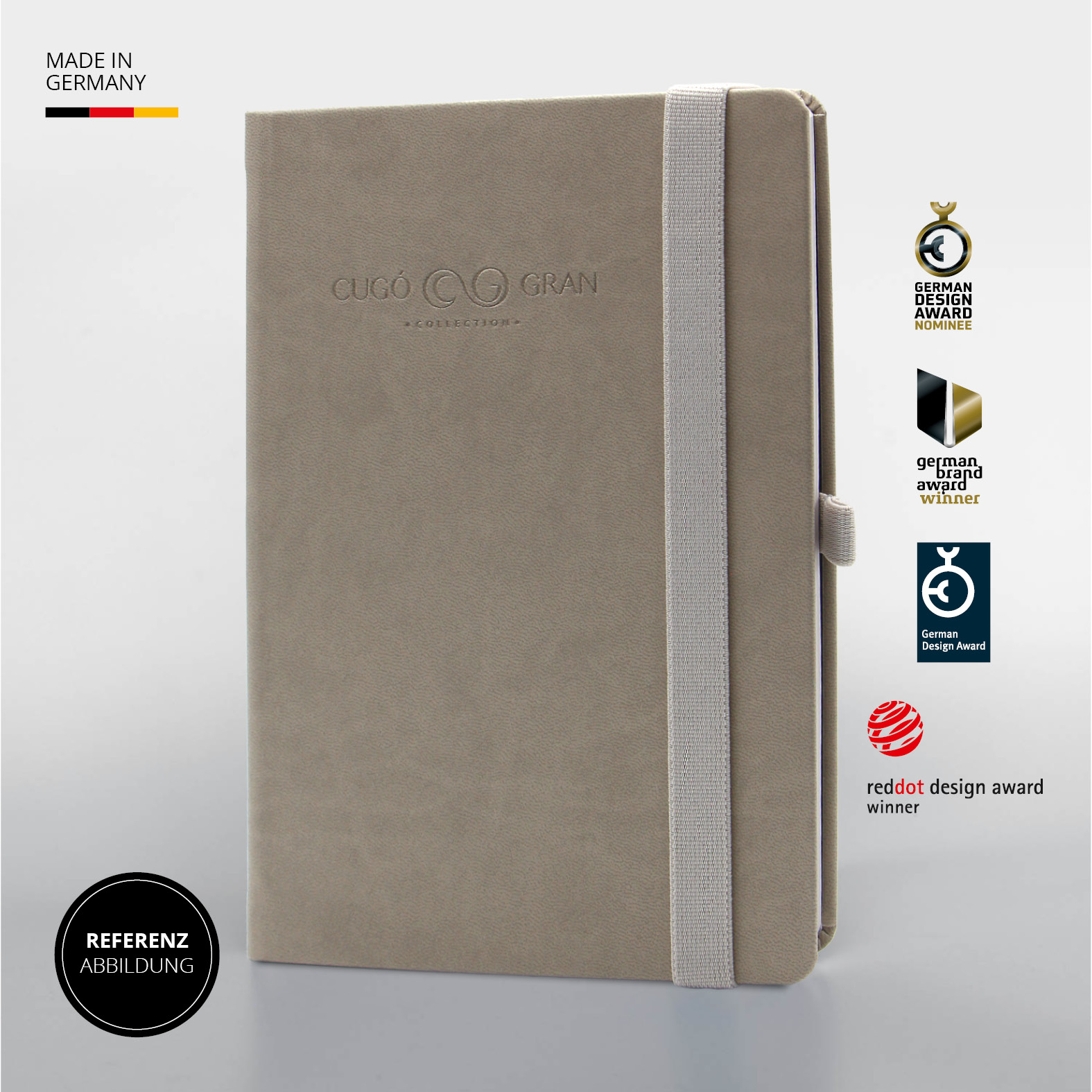 Beiges Notizbuch mit geprägtem Logo „CUGÓ GRAN“ und beige abgestimmtem Lanyband®. Daneben: „Made in Germany“-Label und Design-Awards (Red Dot, German Design Award, German Brand Award).