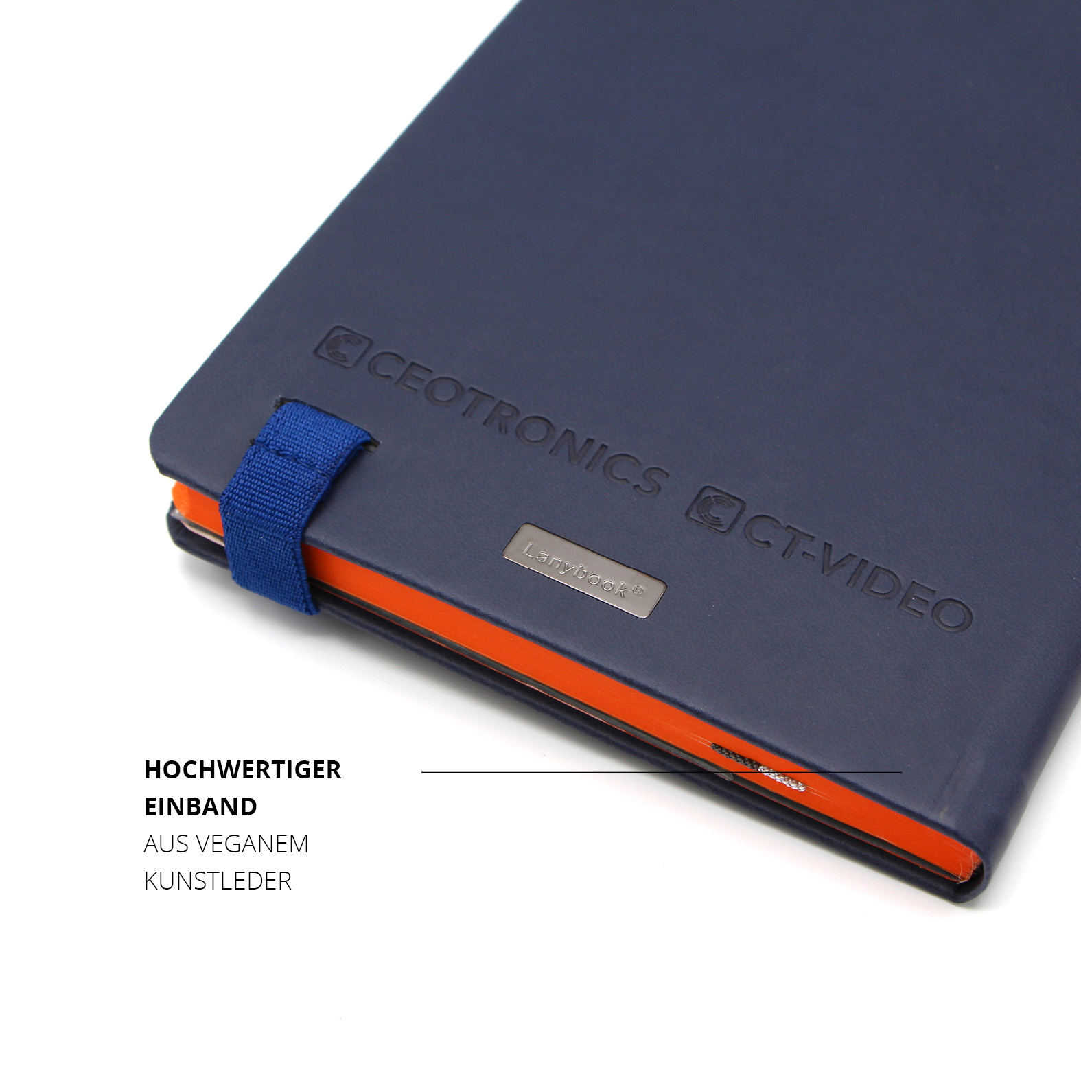 Hochwertiges Ceotronics Notizbuch mit Lanybook® Logo, Prägung und veganem Kunstleder-Einband in dunkelblau.