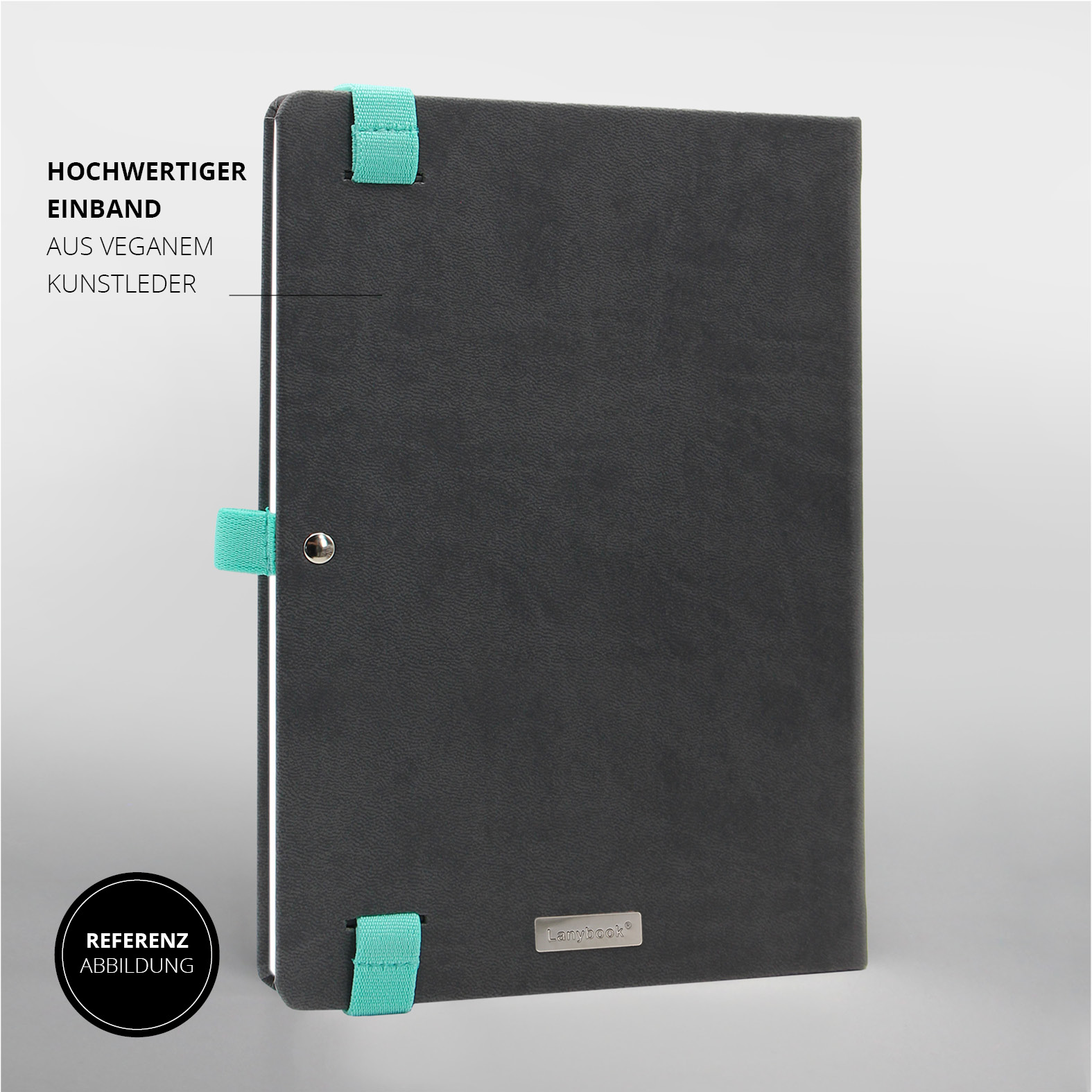 Lanybook® Notizbuch in Grau mit türkisem Lanyband und strukturierter Prägung, veredelt mit Logo und Lanybutton für Albaad.