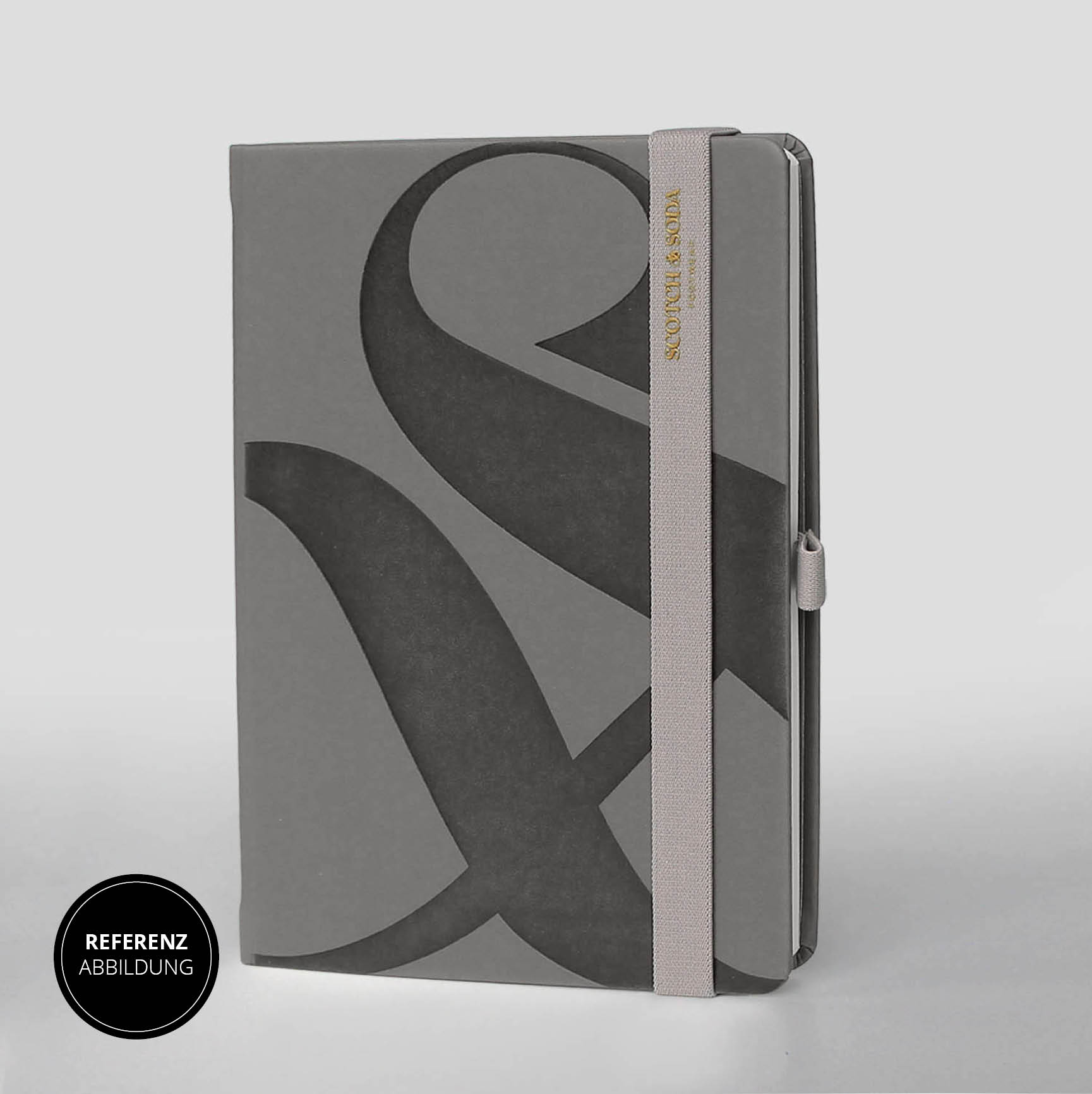 Scotch & Soda Notizbuch in Grau mit Prägung und elastischem Band, ausgezeichnet mit mehreren Design Awards.