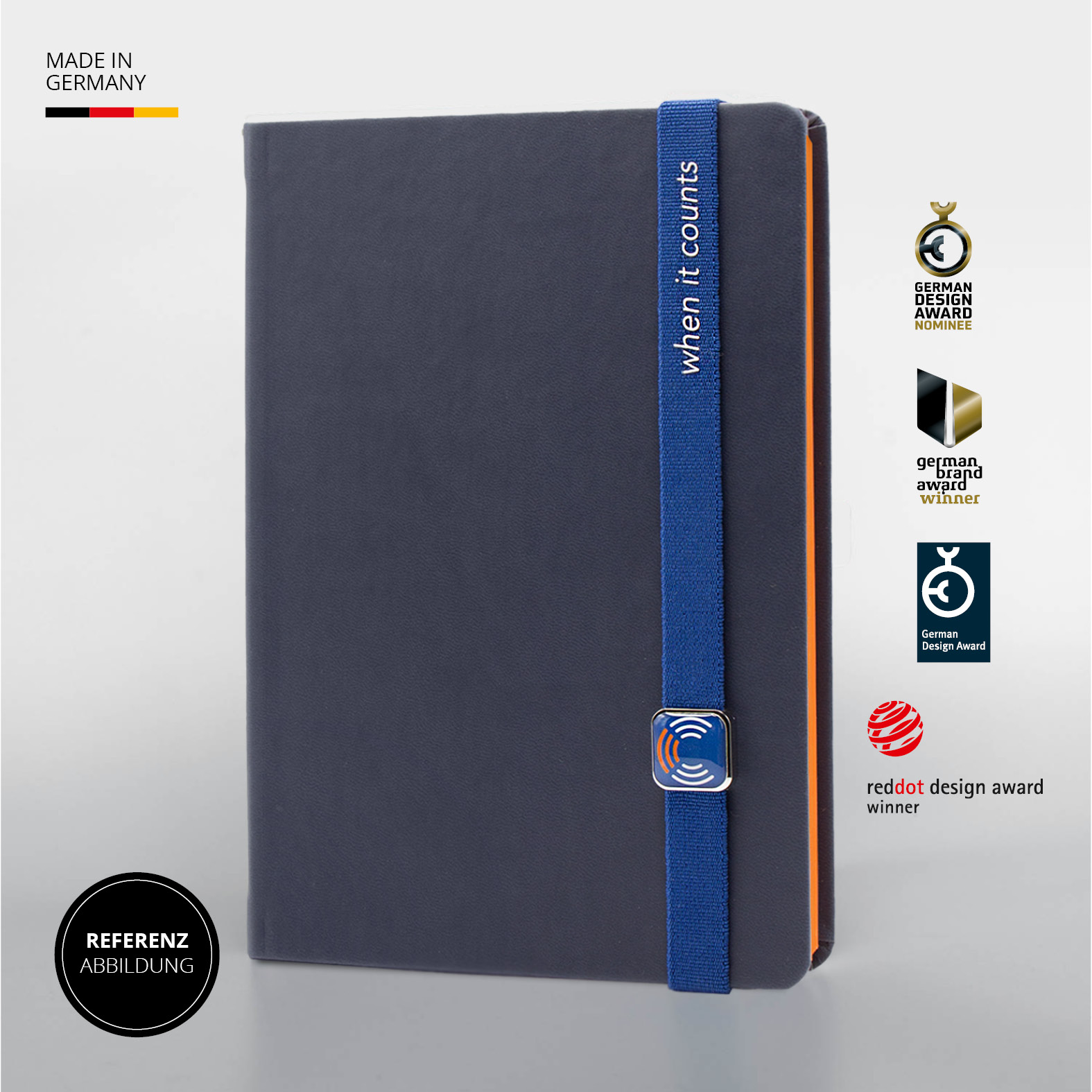 Ceotronics Notizbuch aus veganem Leder mit blauem Band und Pen Loop, Made in Germany, mehrfach ausgezeichnet.