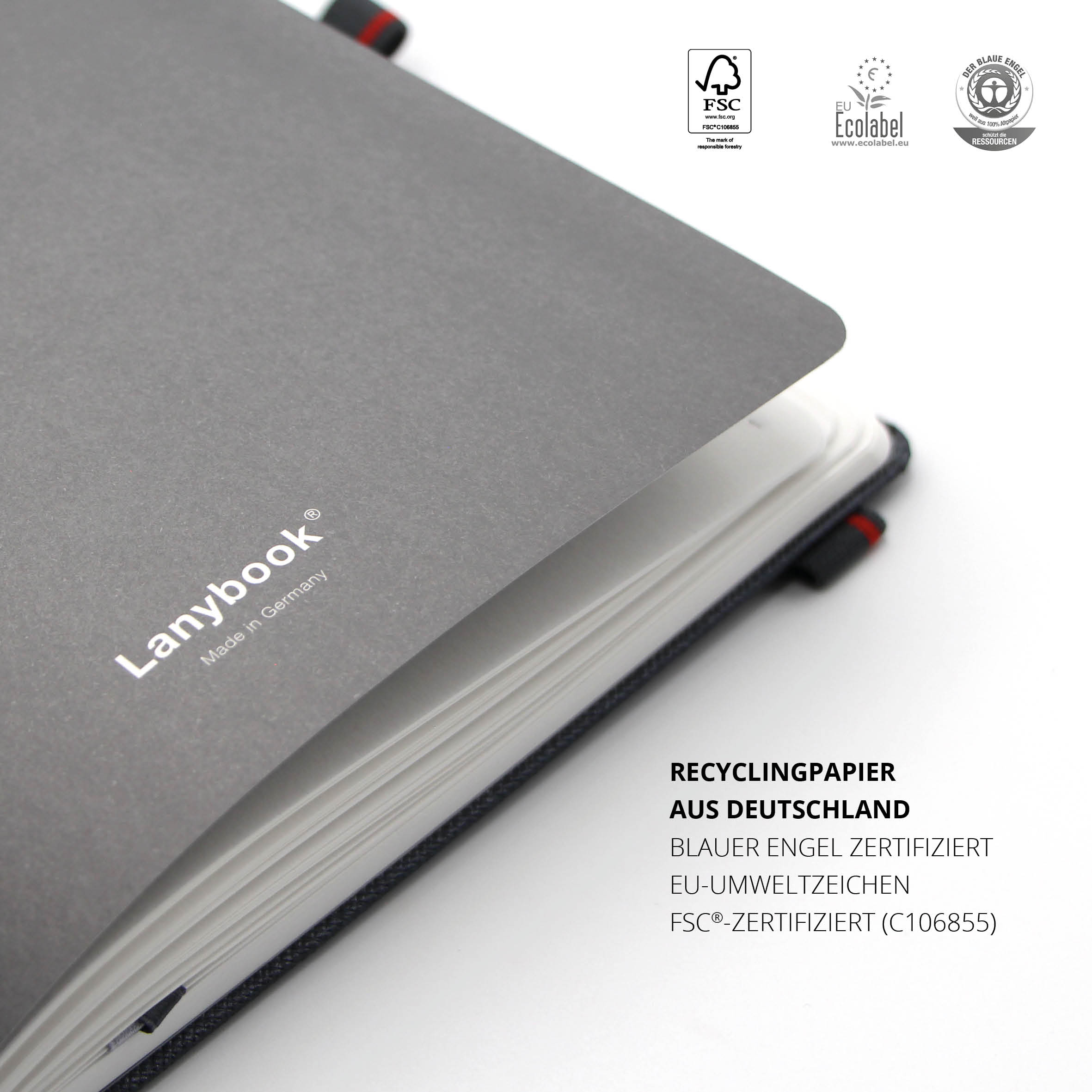 Lanybook Notizbuch mit Recyclingpapier aus Deutschland und nachhaltigen Zertifizierungen