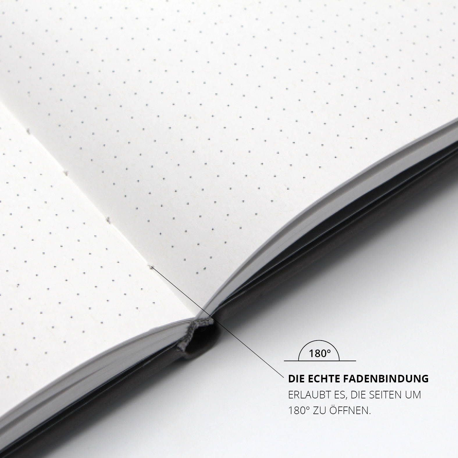 Geöffnete Seiten des Lanybook® mit echter Fadenbindung, die ein flaches Aufschlagen um 180 Grad ermöglicht.