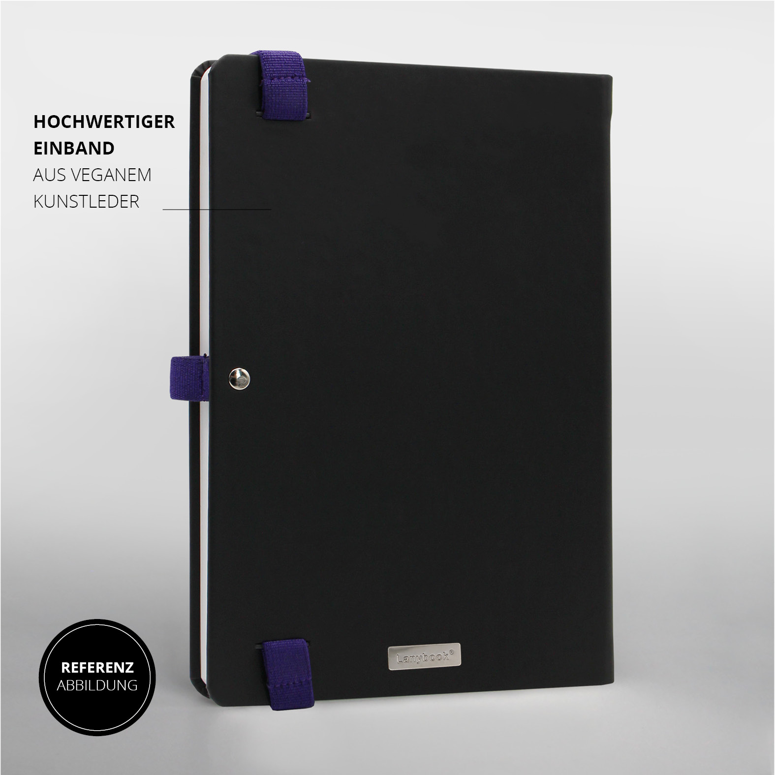 Gesamtansicht der Notizbuch-Rückseite mit lila Halteschlaufen, Lanybook® Metallplakette und minimalistischer Gestaltung.