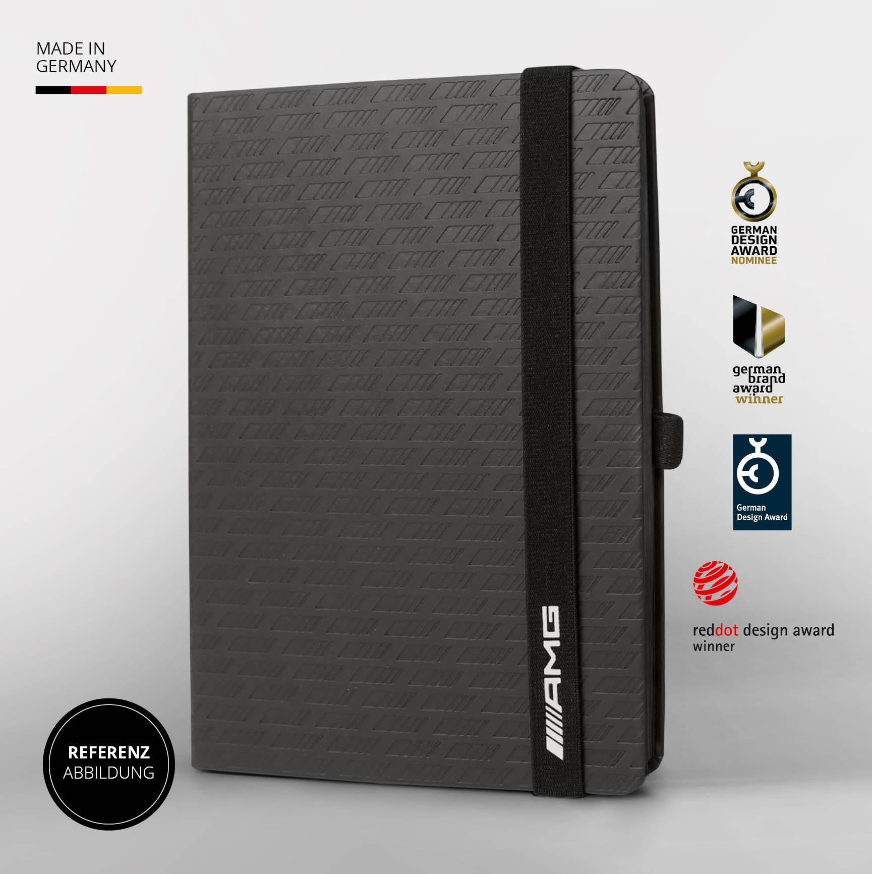 Schwarzes AMG Notizbuch mit Prägung und Design-Awards – Edles Notizbuch mit Firmenlogo, hochwertiger Verarbeitung und mehrfach ausgezeichneter Qualität.