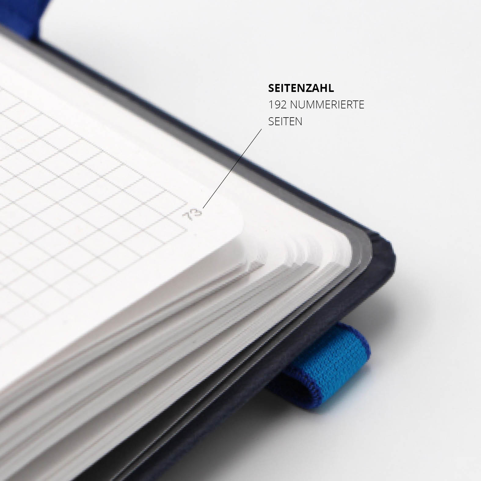 Detailaufnahme der nummerierten Innenseiten eines Lanybook® Notizbuchs mit karierter Lineatur und insgesamt 192 nummerierten Seiten.