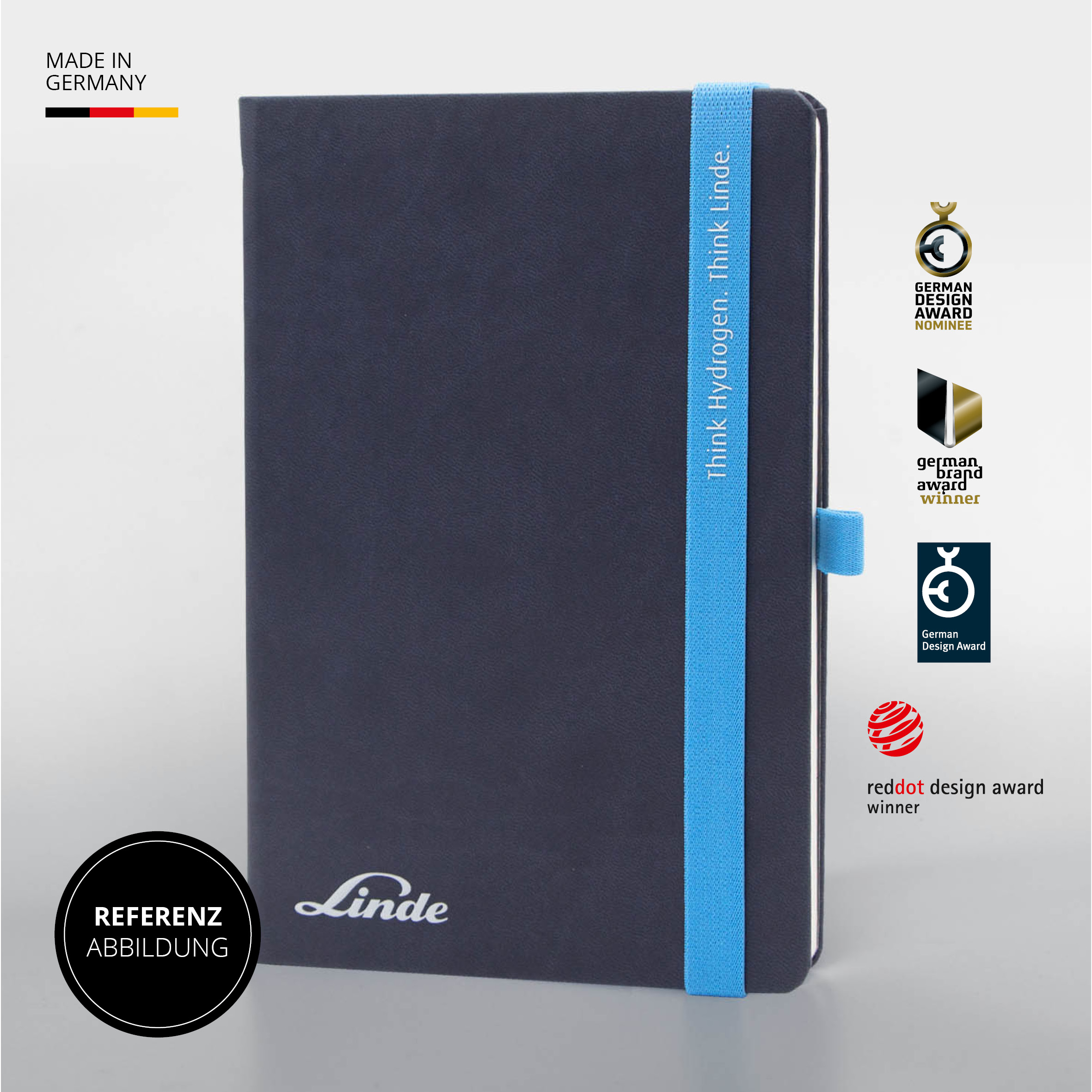 Linde Notizbuch aus veganem Leder mit blauem Band und Pen Loop, Made in Germany, mehrfach ausgezeichnet.