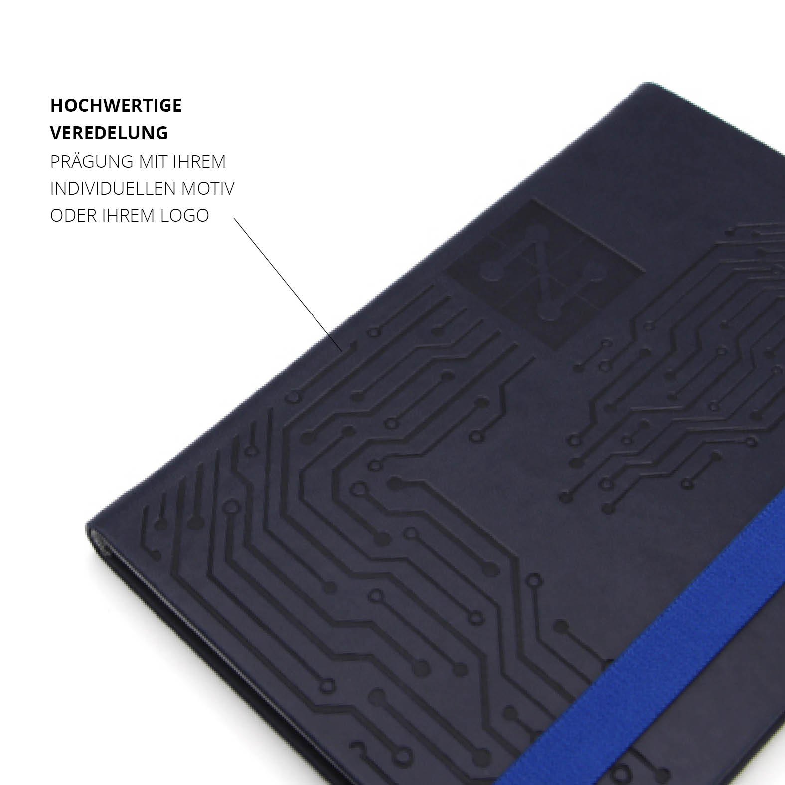 Hochwertige Prägung mit individuellem Motiv auf dem Einband des Lanybook® Pro für eine dezente Markenveredelung.