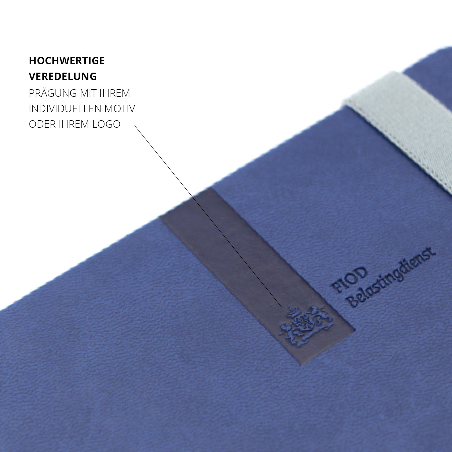 Logo- und Flächenprägung auf dem Cover – individuelle Veredelung mit hochwertiger Haptik und dezentem Glanz.