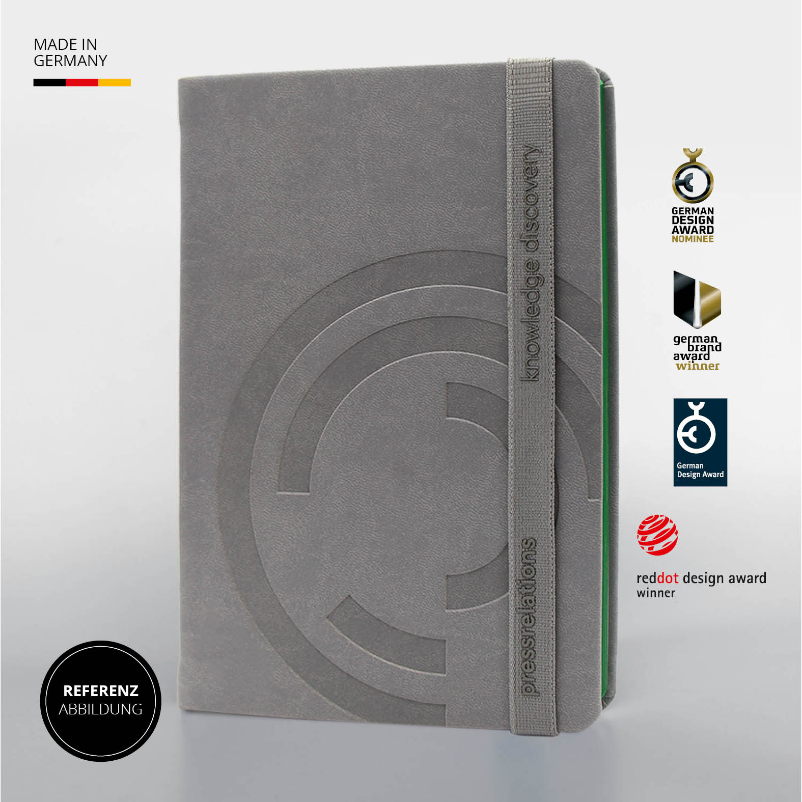 Lanybook® Pro Notizbuch A5 in Grau mit grauem Lanyband, dezenter Prägung und Farbschnitt, Referenz pressrelations, Made in Germany