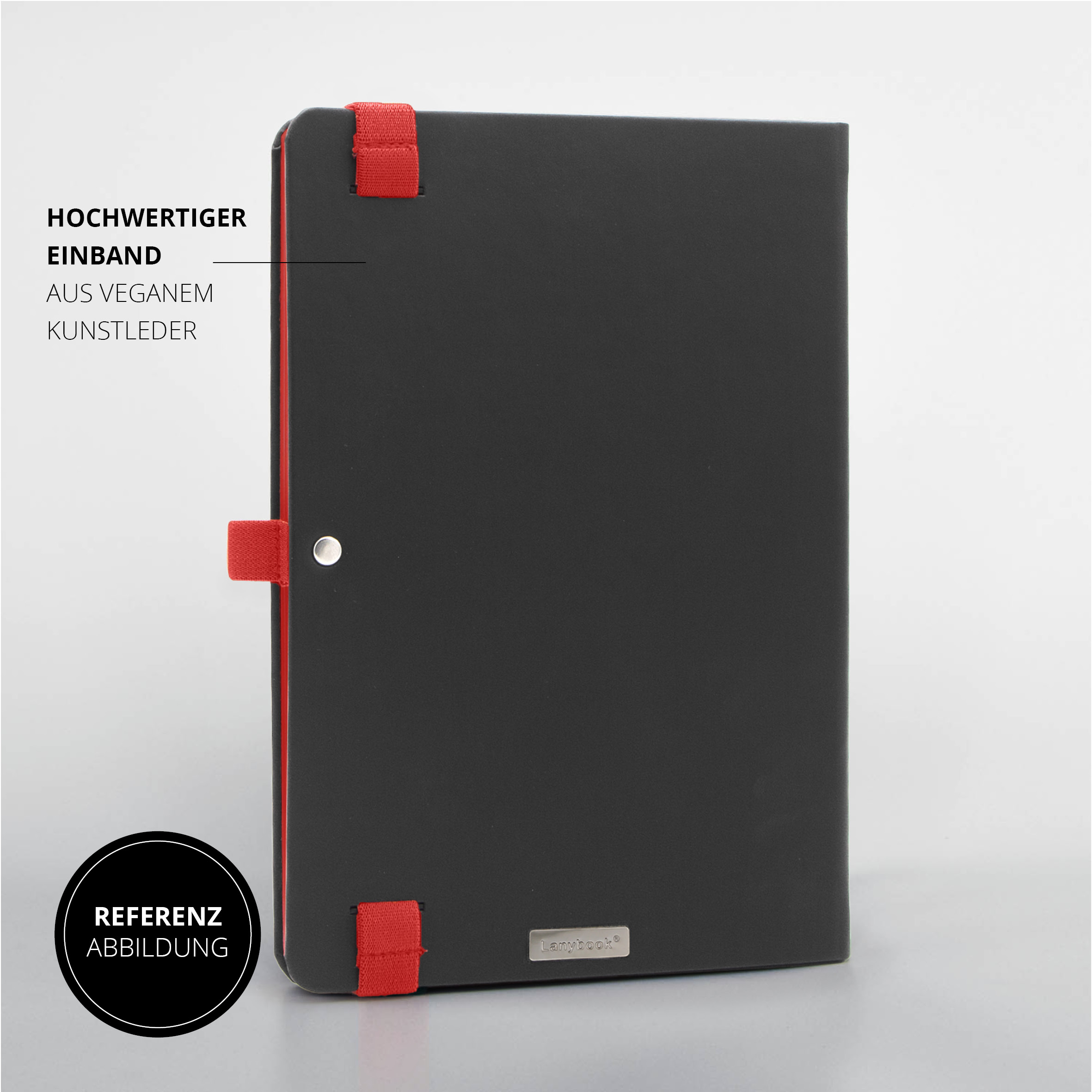 Rückseite mit roter Stiftschlaufe und Lanybook® Plakette, veganem Kunstleder-Einband.