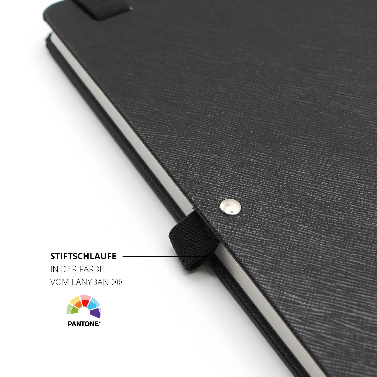 Integrierte Stiftschlaufe am Lanybook Notizbuch, farblich passend zum schwarzen Lanyband