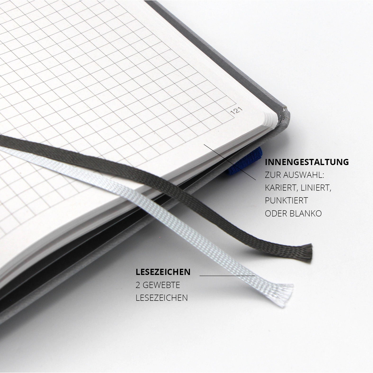 Zwei gewebte Lesezeichen in Grau und Weiß als funktionales Detail für die strukturierte Organisation von Notizen und Ideen.