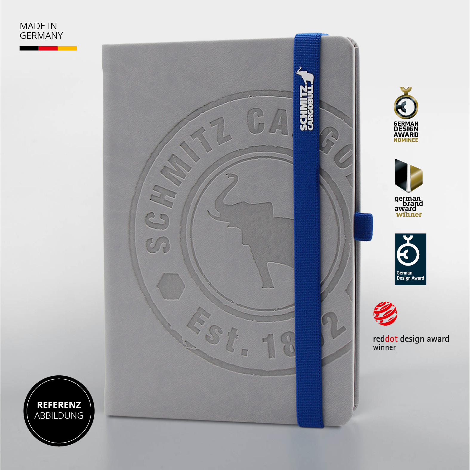 Lanybook® Pro Notizbuch in Hellgrau mit blauem Lanyband® und Logo-Prägung des Referenzkunden Schmitz Cargobull. Referenzabbildung mit mehrfachen Designauszeichnungen – Made in Germany.