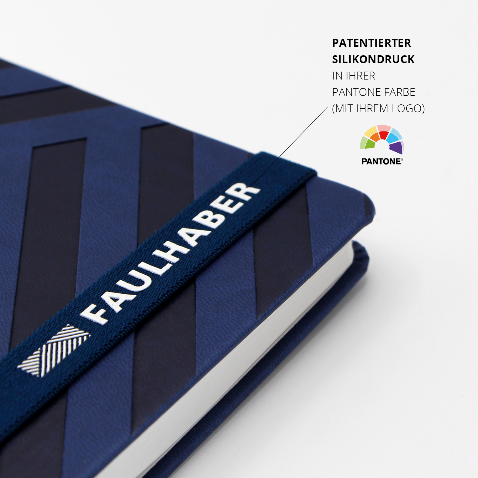 Gummiband mit Faulhaber-Logo im patentierten Silikondruck auf Pantone-farbigem Lanyband®.