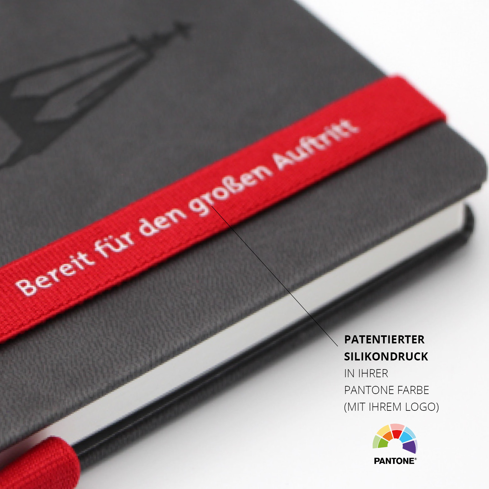 Detailansicht des roten Lanyband® mit weißem Silikondruck "Bereit für den großen Auftritt" in Pantone-Farbe