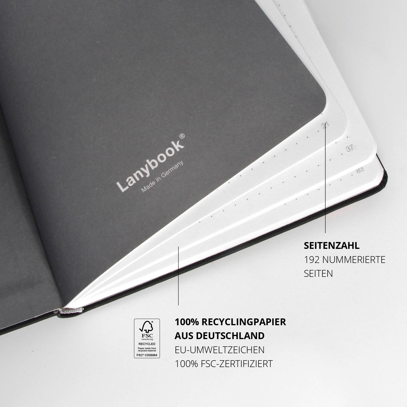 Nescafé Notizbuch mit 192 nummerierten Seiten aus 100 % Recyclingpapier, zertifiziert mit EU-Umweltzeichen.