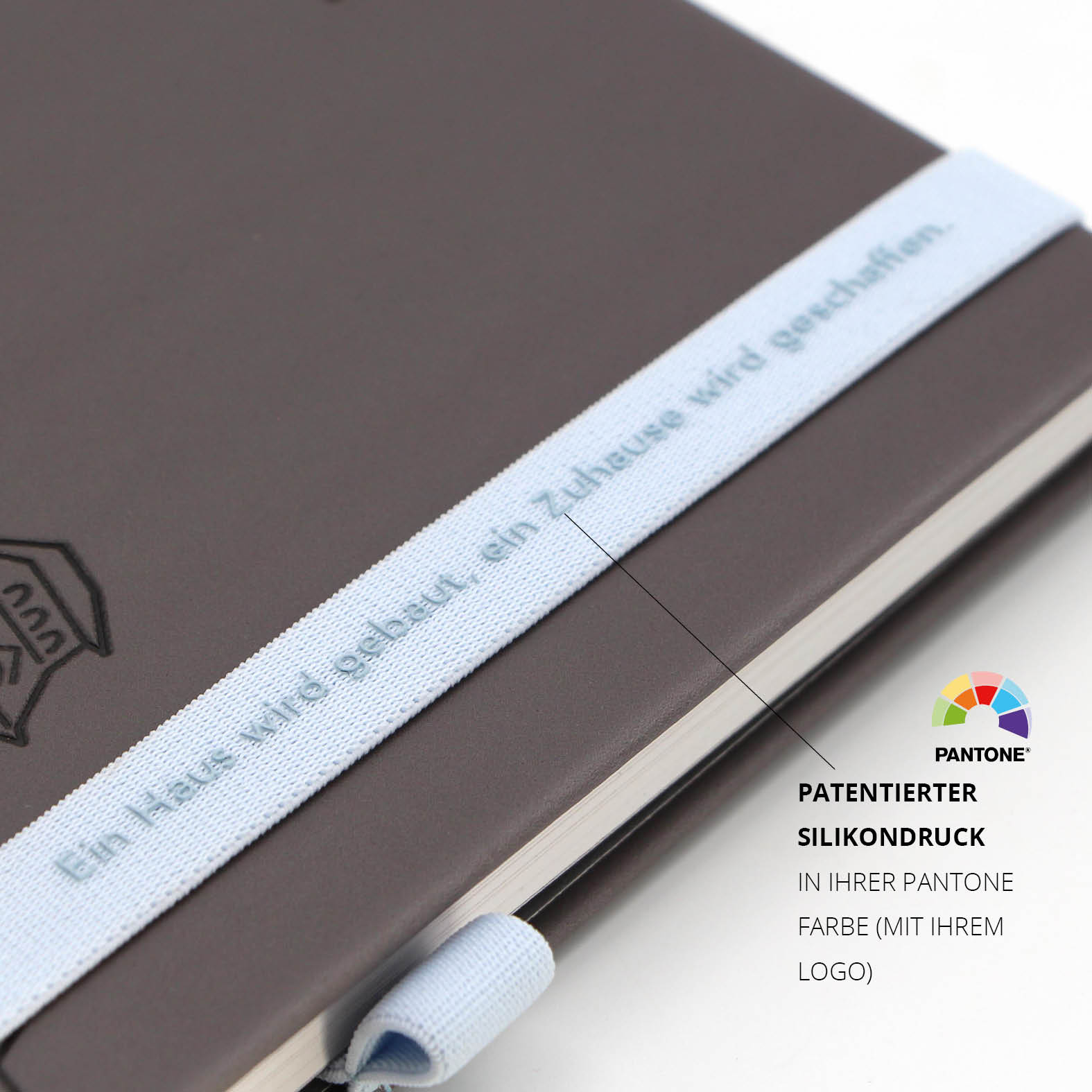 Hellblaues Lanyband® mit patentiertem Silikondruck in Pantone Farbe auf grauem Lanybook® Nature Einband.