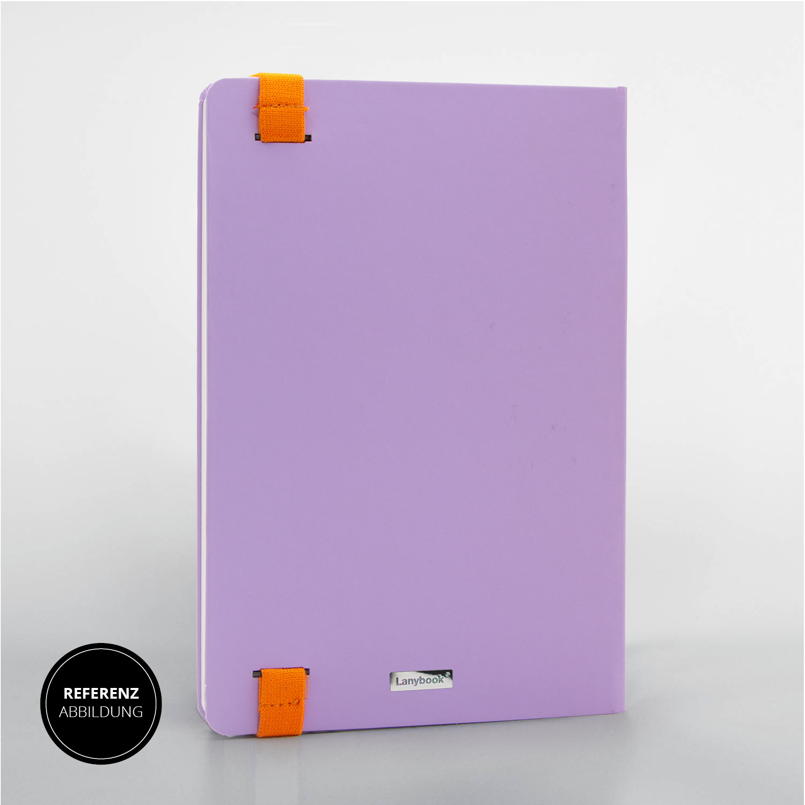 Rückseite des lila Lanybook Notizbuchs mit orangem Halteband und edler Verarbeitung