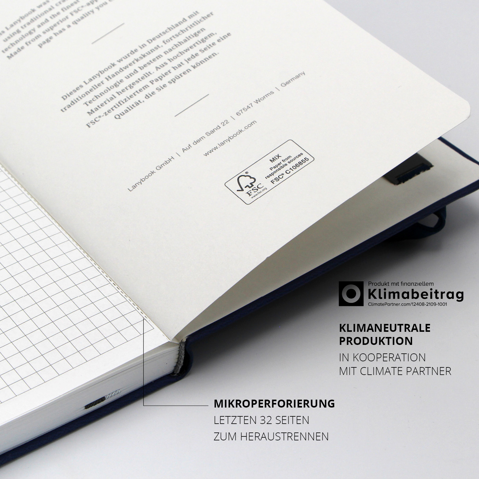 Innenseite mit klimaneutralem Hinweis, FSC-Label und Mikroperforierung der letzten 32 Seiten zum Heraustrennen.