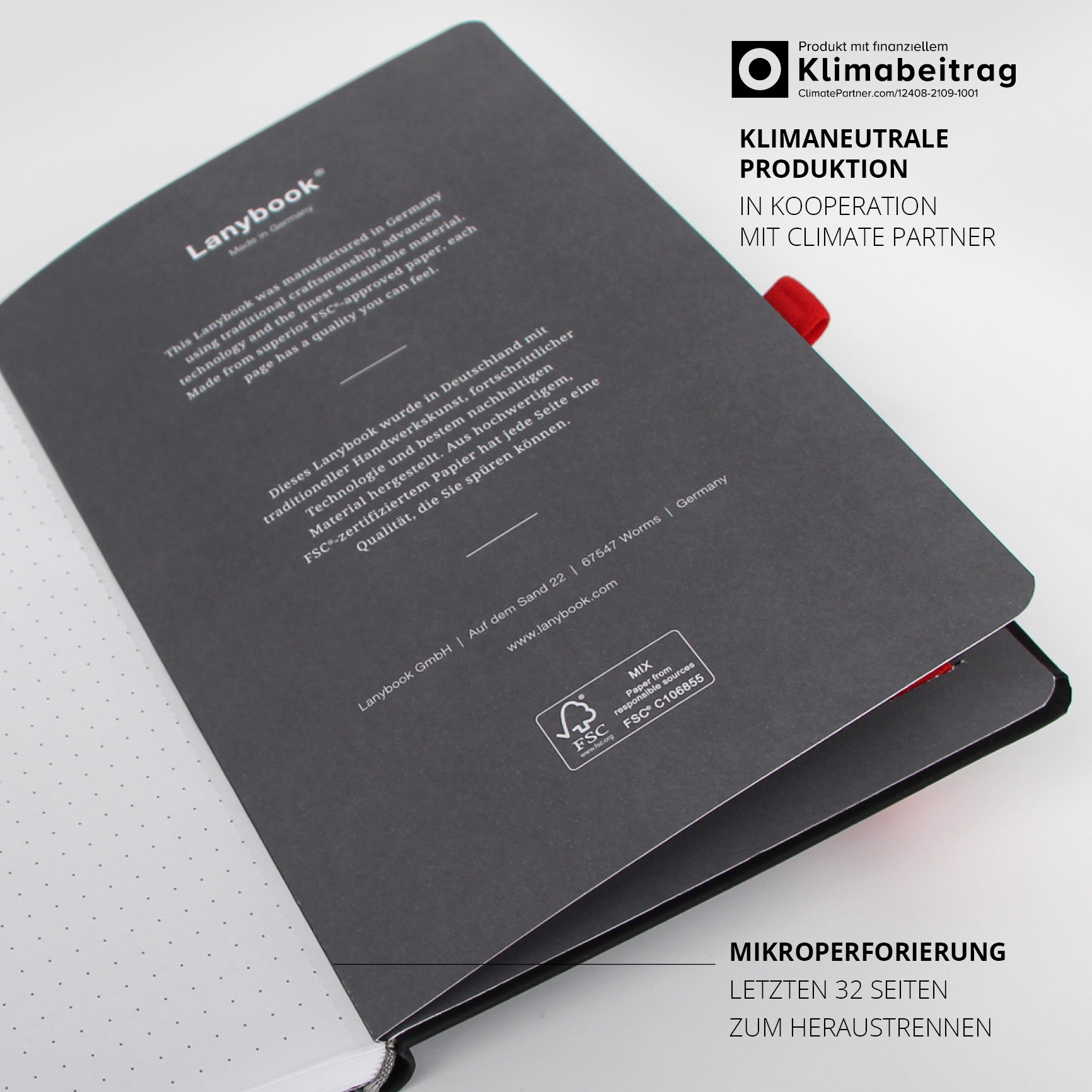 Innenansicht des Shell Notizbuchs mit klimaneutraler Produktion und FSC-Zertifizierung.