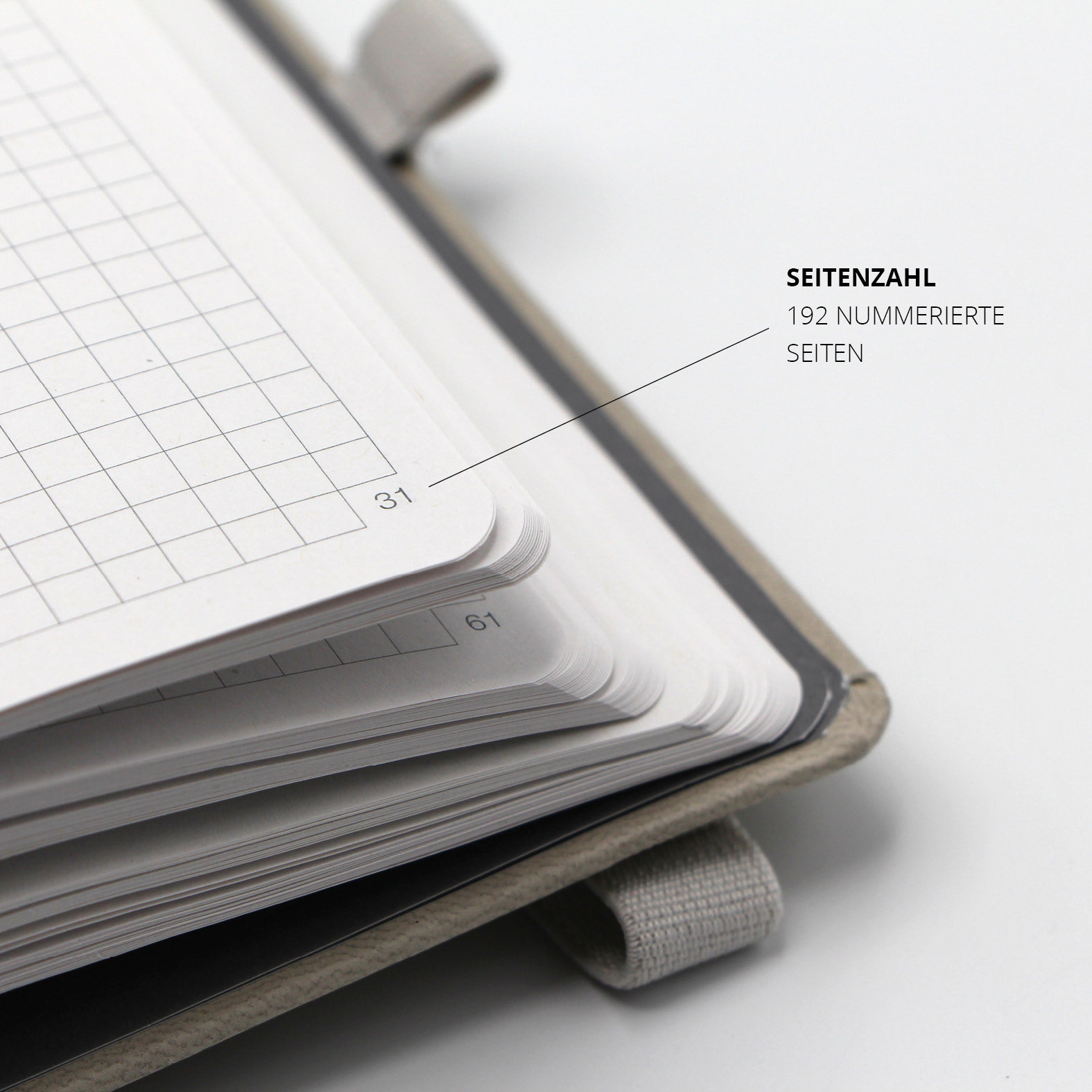 Detailansicht eines aufgeschlagenen Lanybook® Notizbuchs mit nummerierten Seiten – abgebildet ist die Seitenzahl 31.